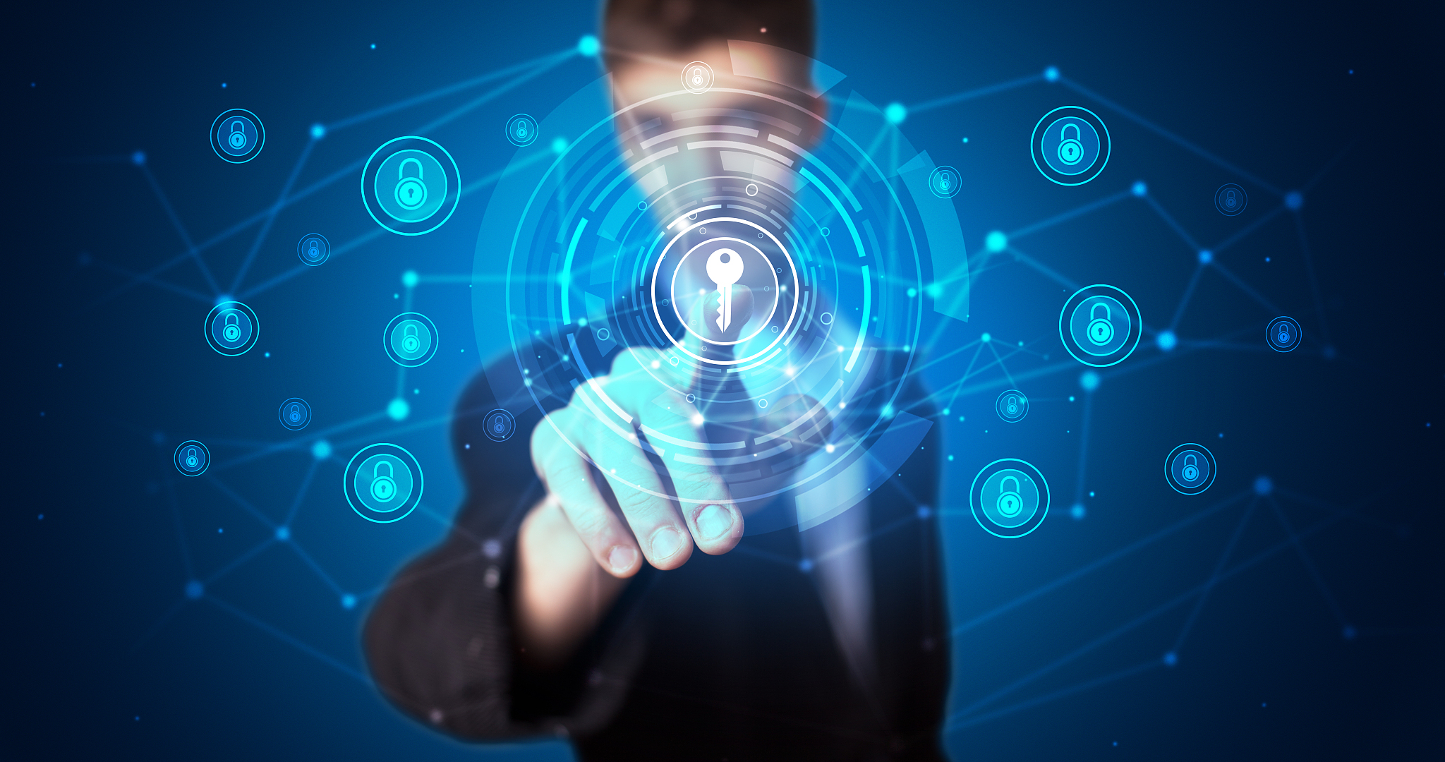 man touching hologram security symbol