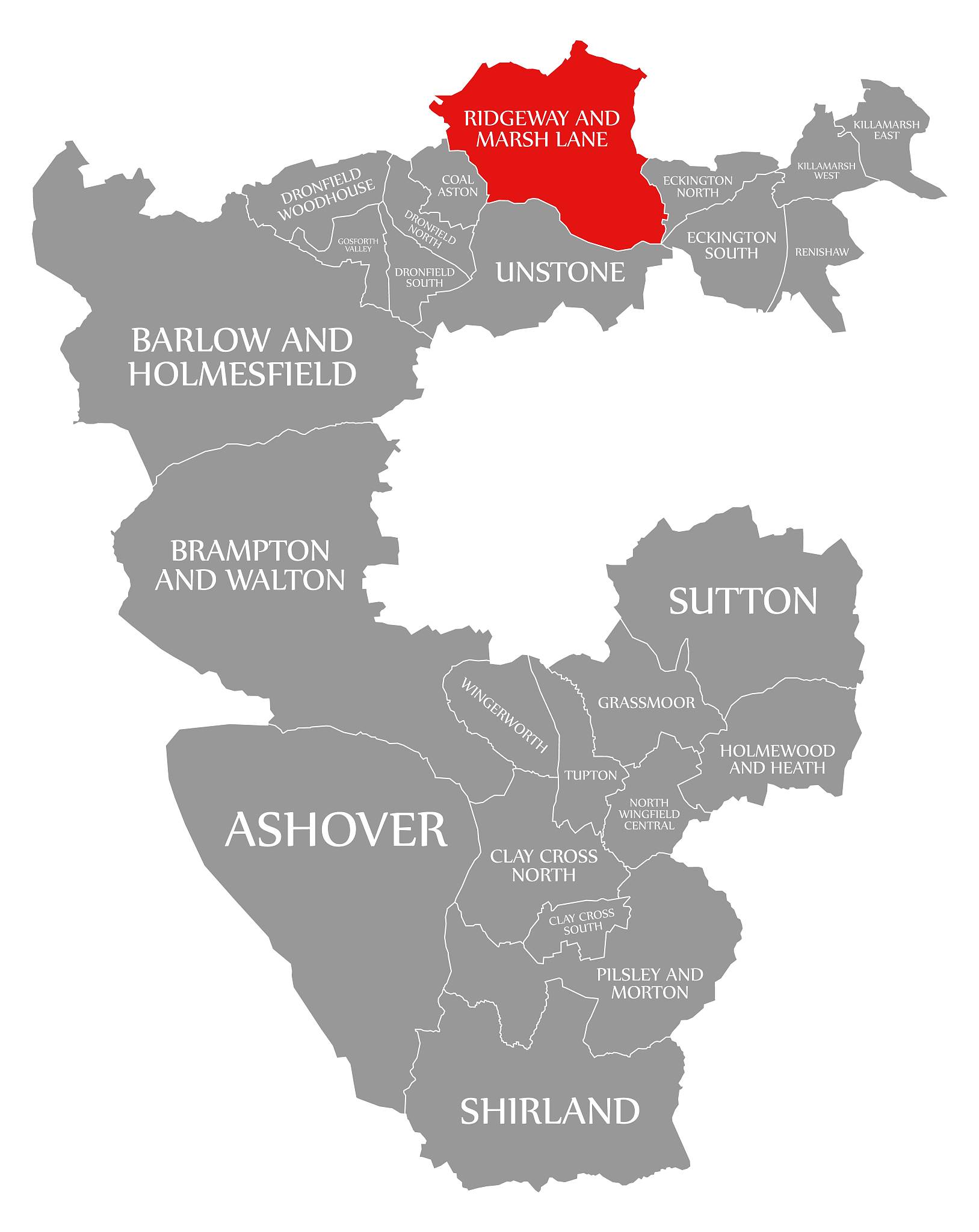 ridgeway and marsh lane red highlighted in map of north east der