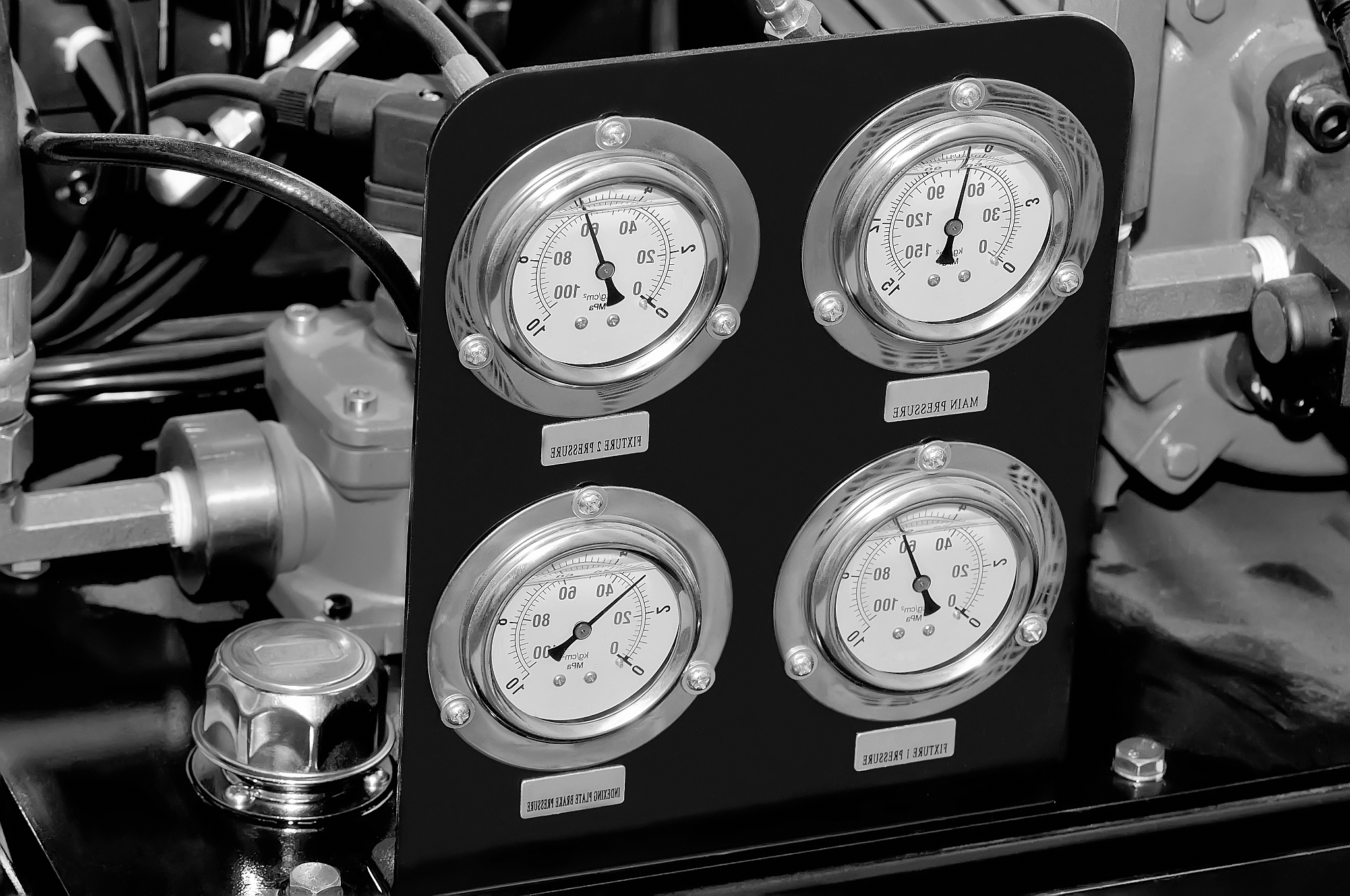 measuring device with manometers. black and white toned