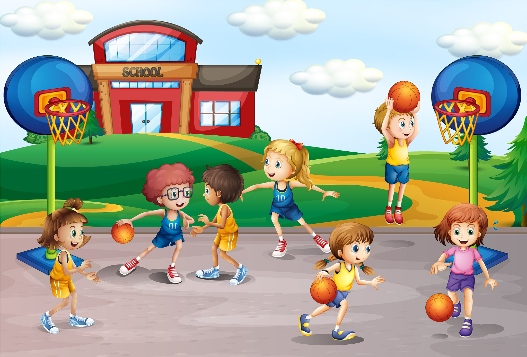students playing basketball in physical education