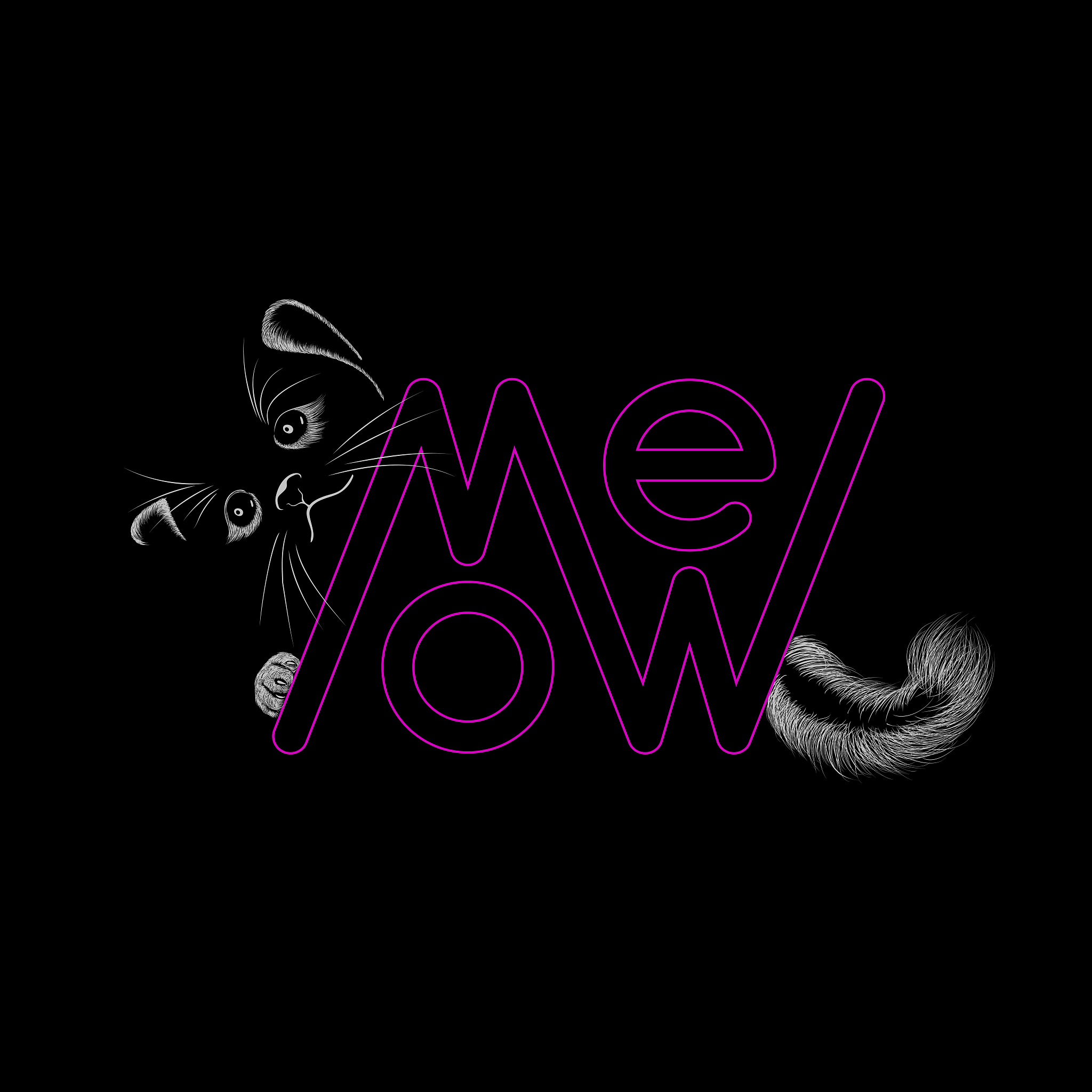 gray cat with pink meow text. vector image for dark background. 