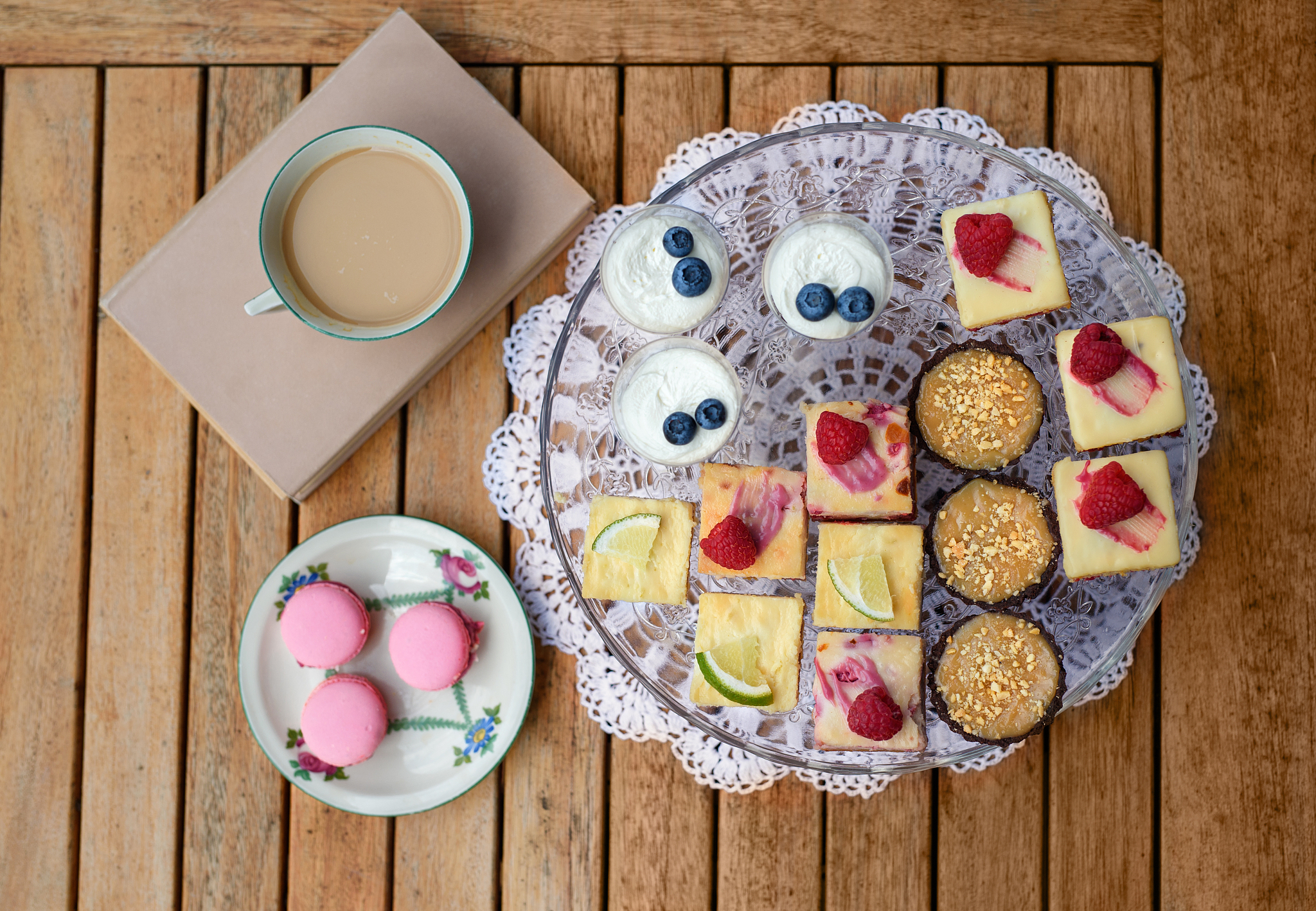 top view of selection of colorful and delicious cake desserts on