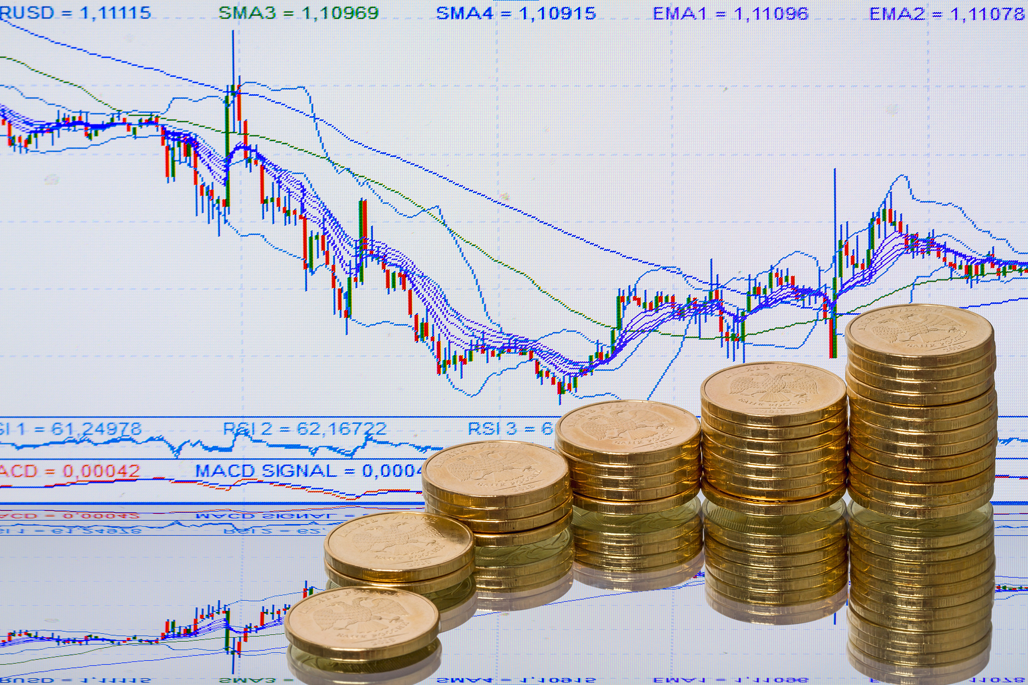 coins and background stock ticker