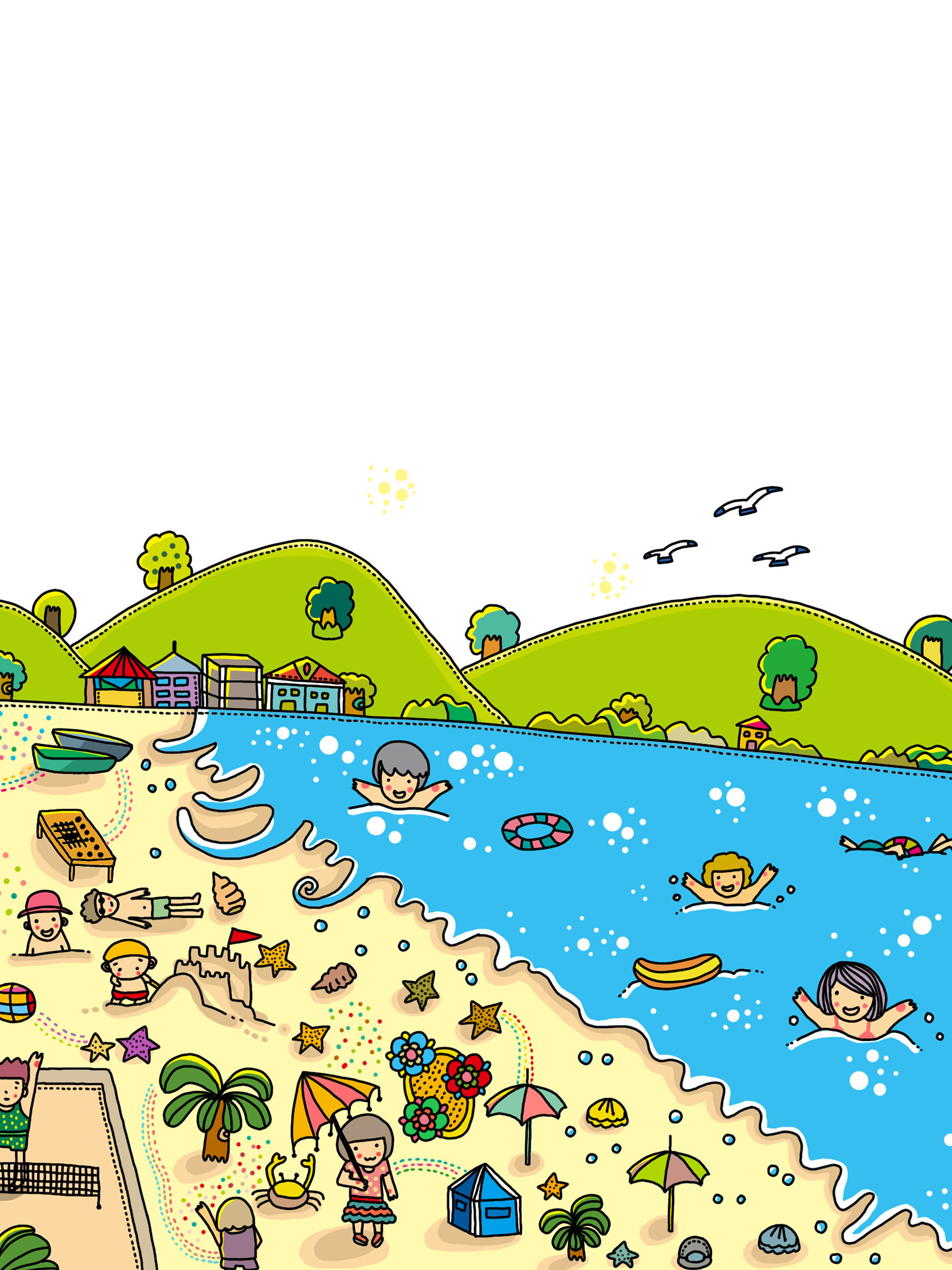 Doodle Art Request: Coastal Town Scene with Seagulls, Beach, Palm Trees, and a Cruise Ship