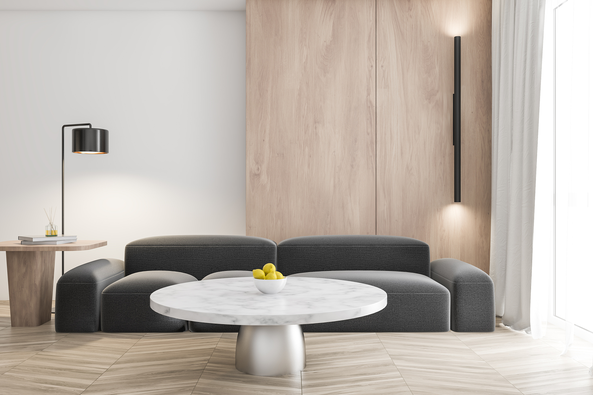white and wooden living room with gray sofa