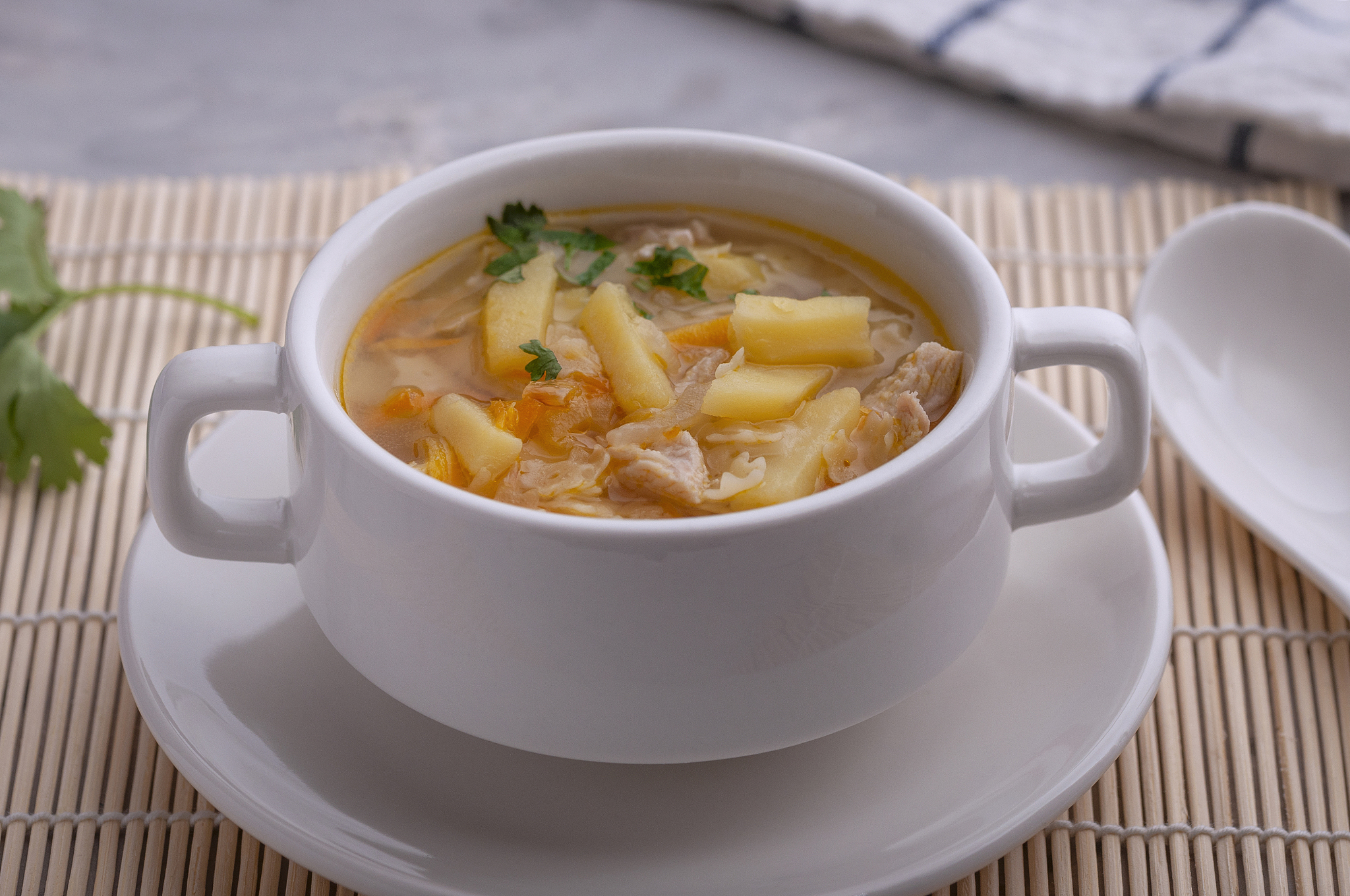 chicken, diet soup. soup served in a tureen.