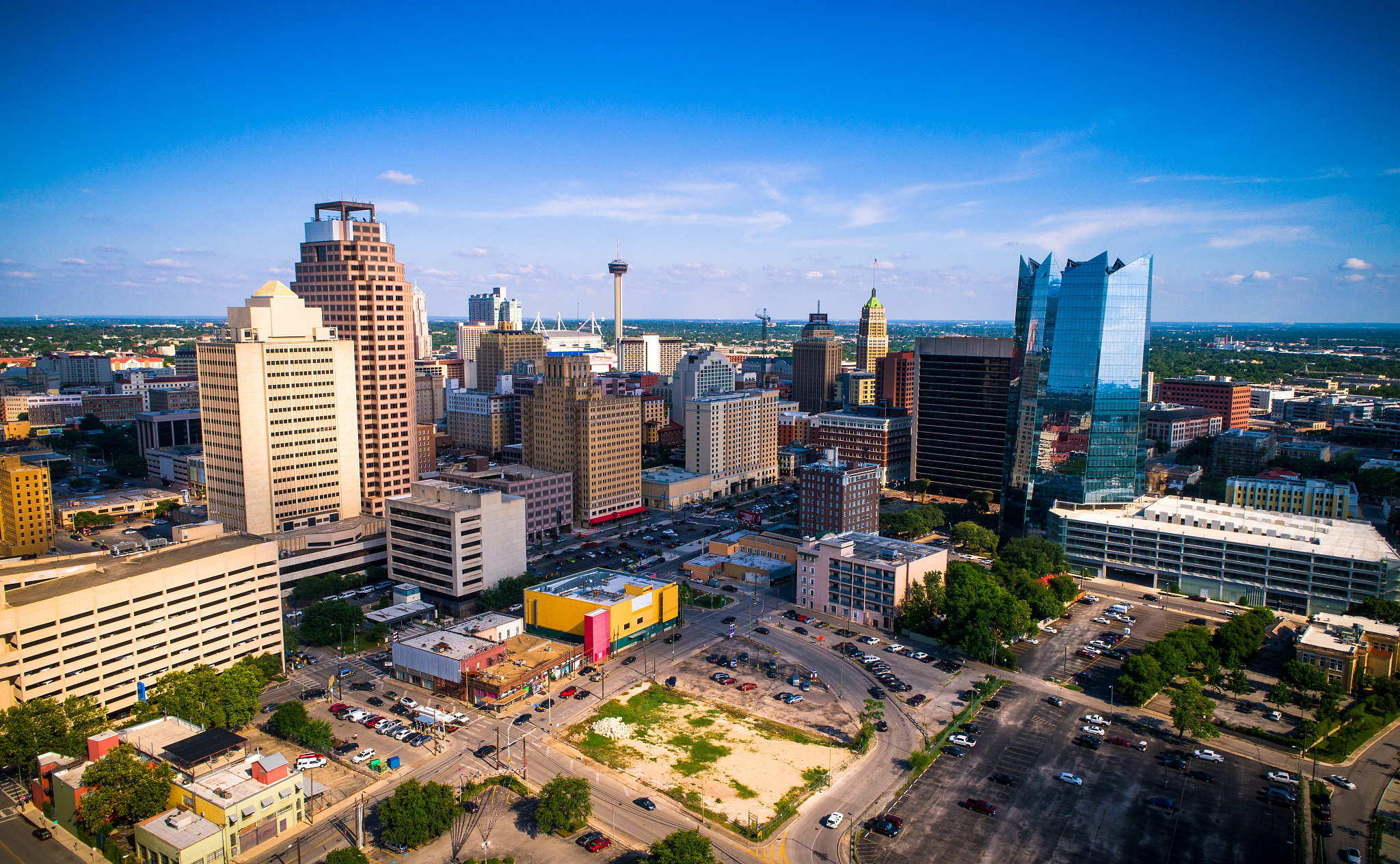 aerial drone view of san antonio , texas with space needle , sta