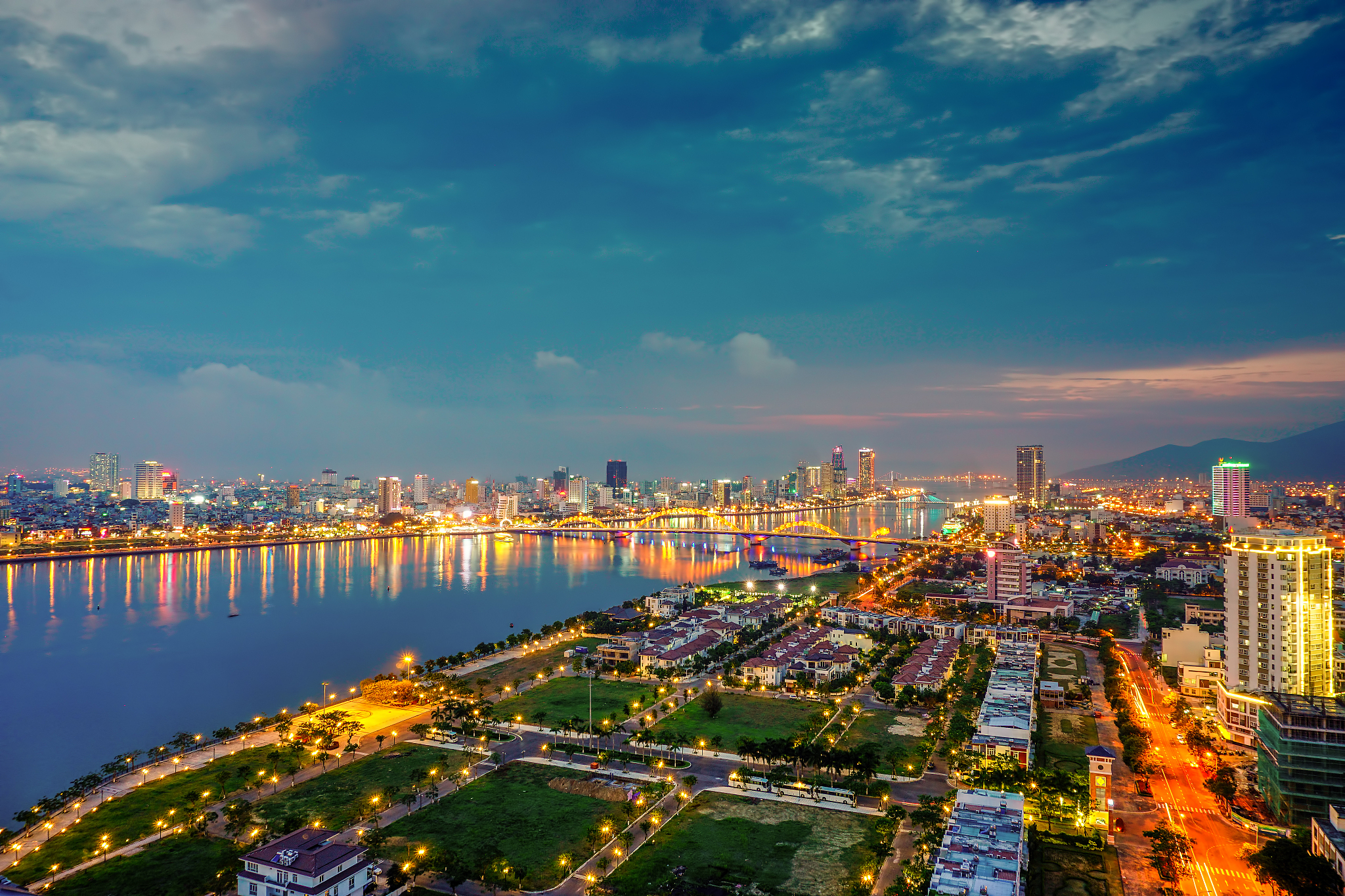 view of danang city at sunset.