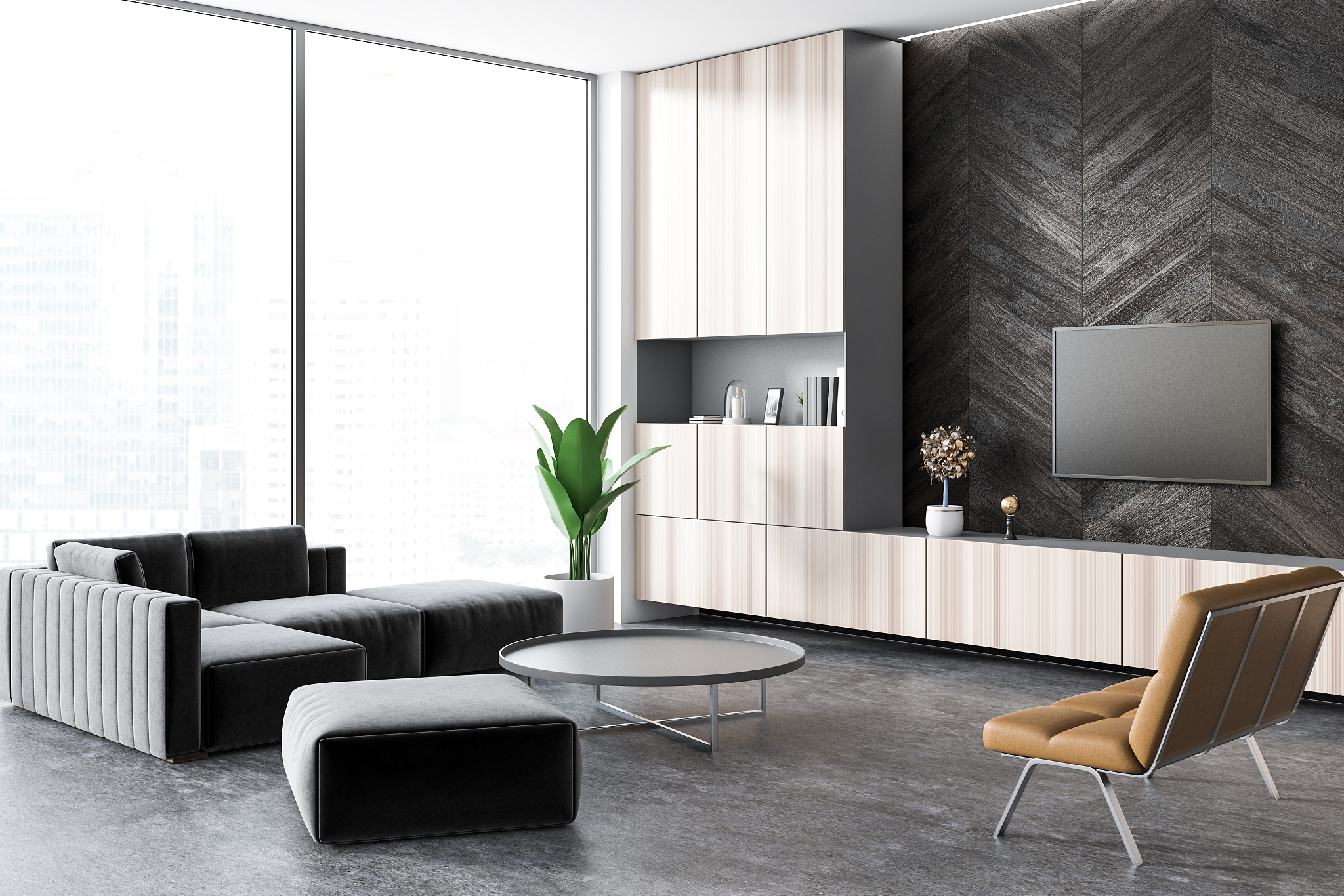 loft modern living room corner, dark