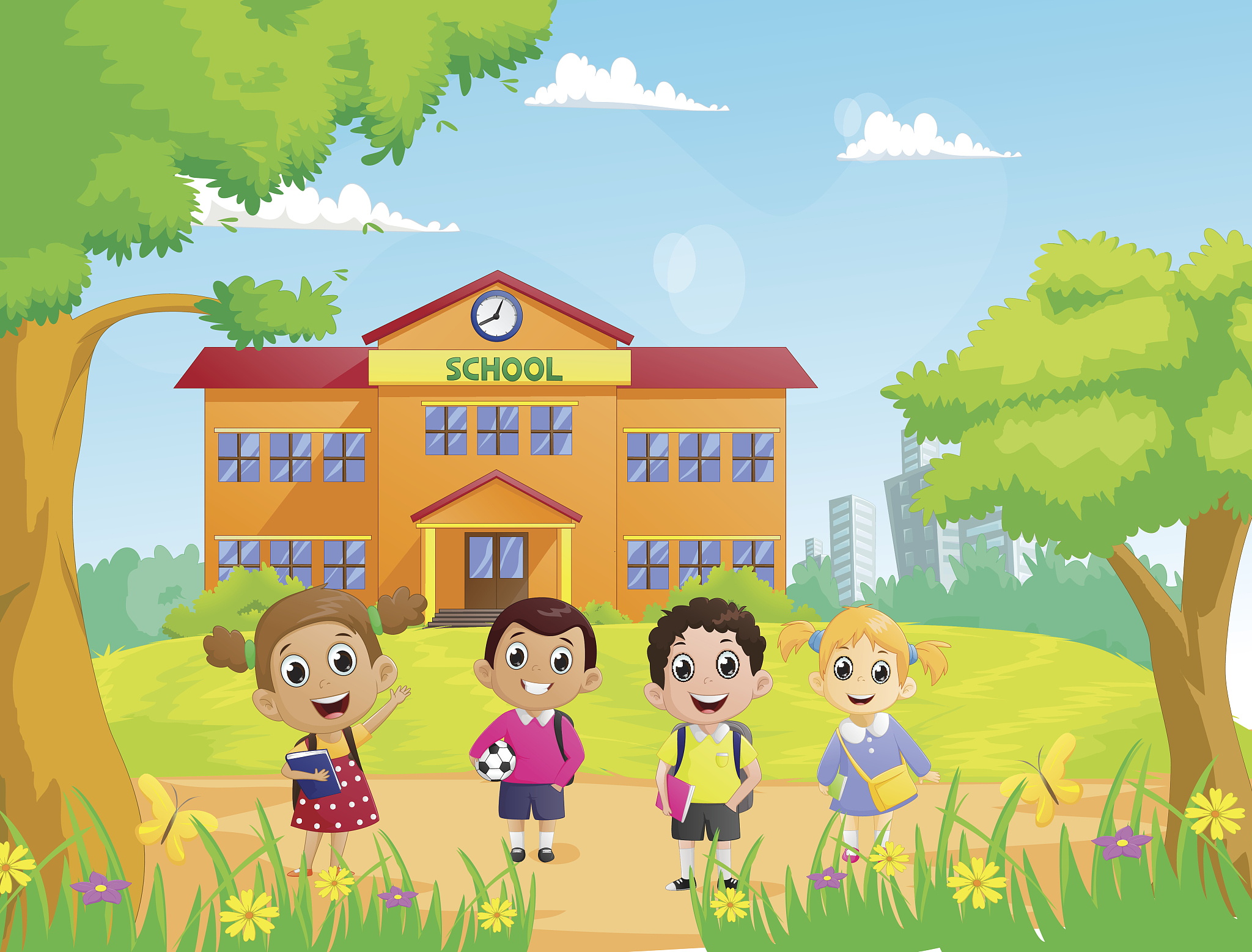 happy school children in front of the school building