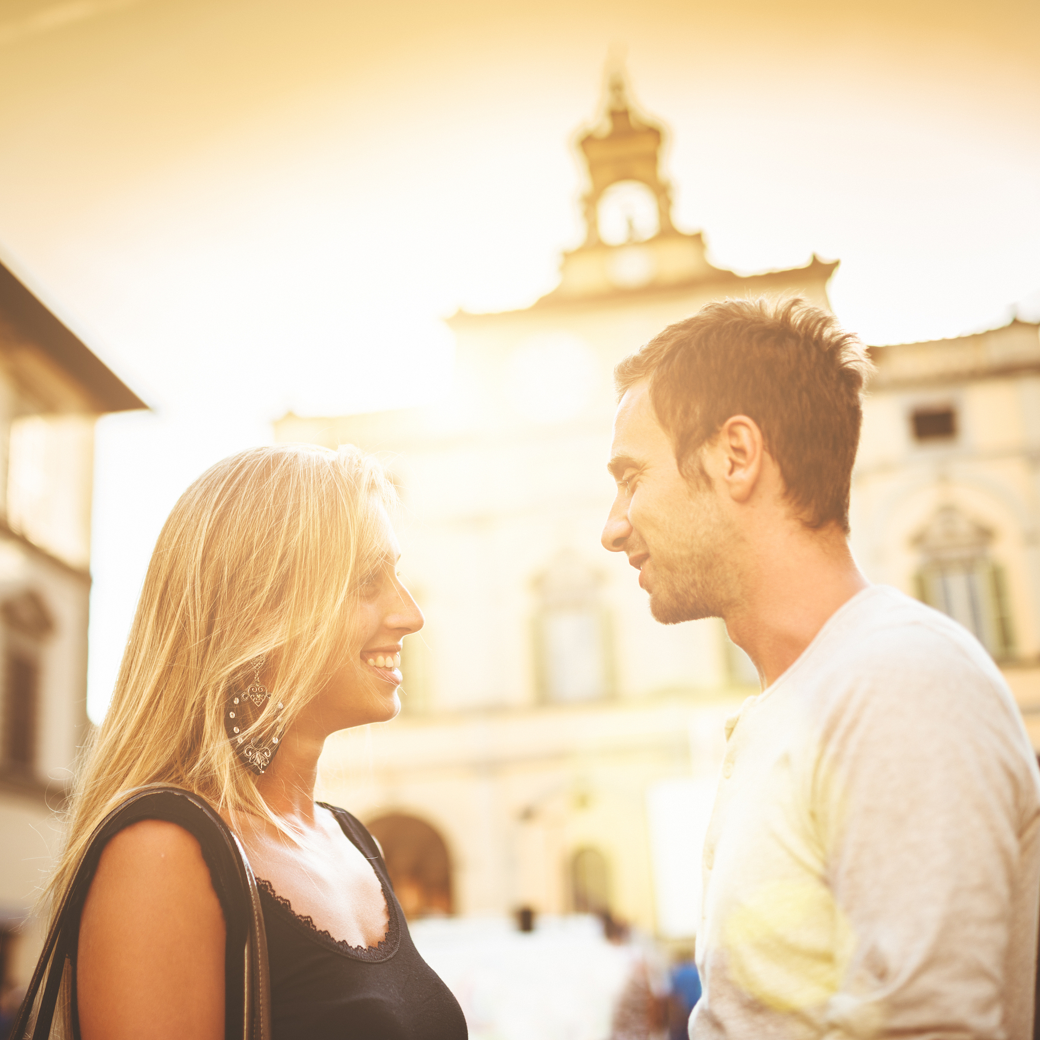 friends couple enjoy and flirting at sunset