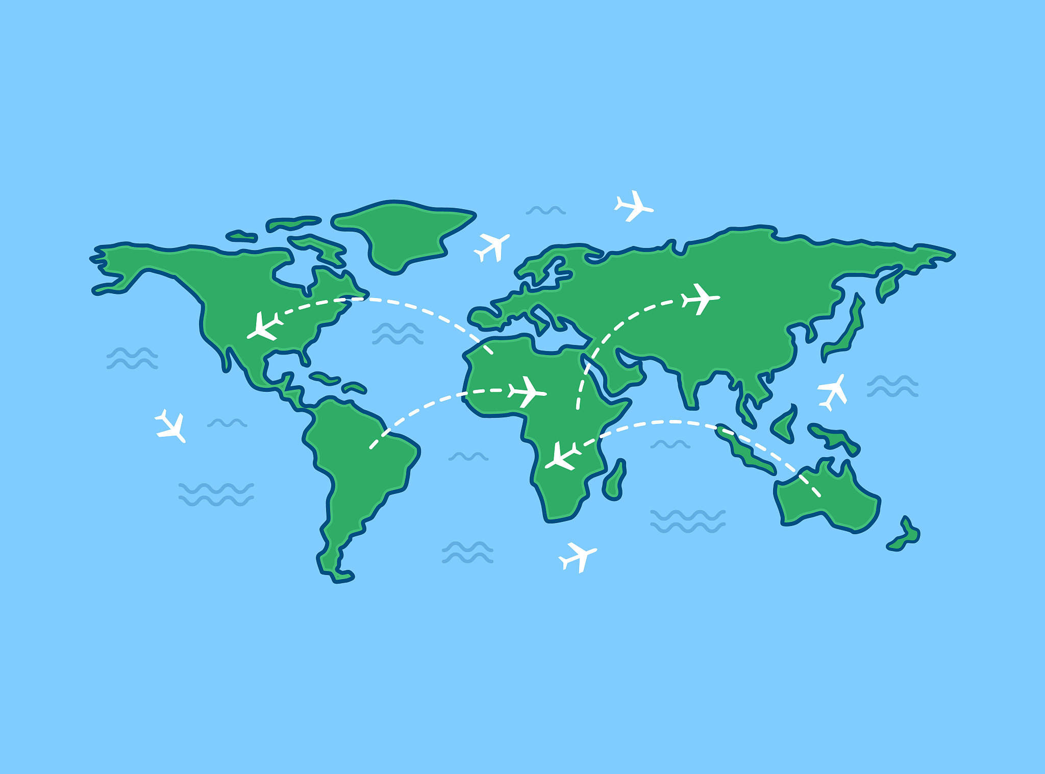 world travel map on blue background.