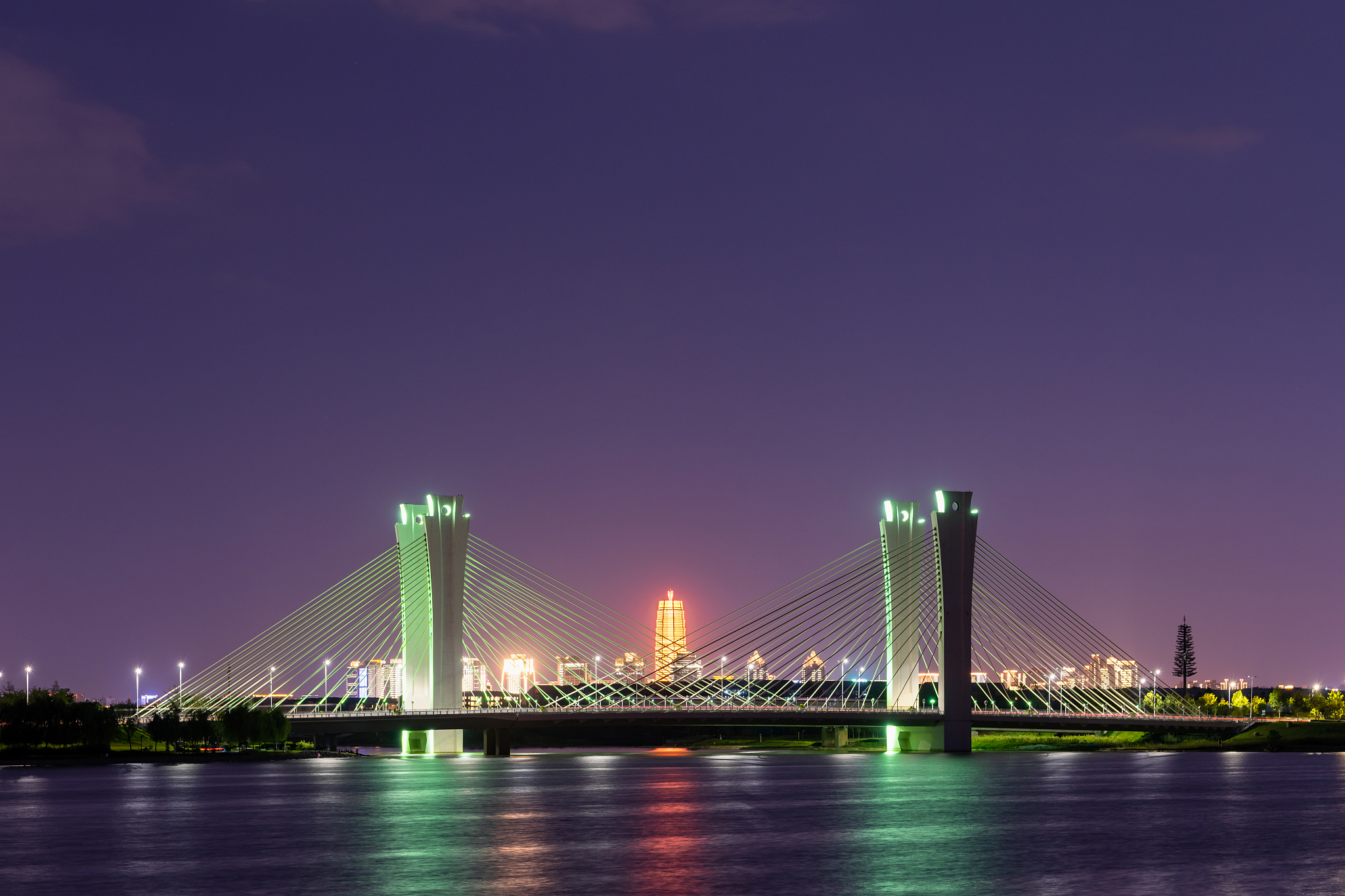 郑州北龙湖斜拉桥城市天际线夜景<strong>高清</strong>图