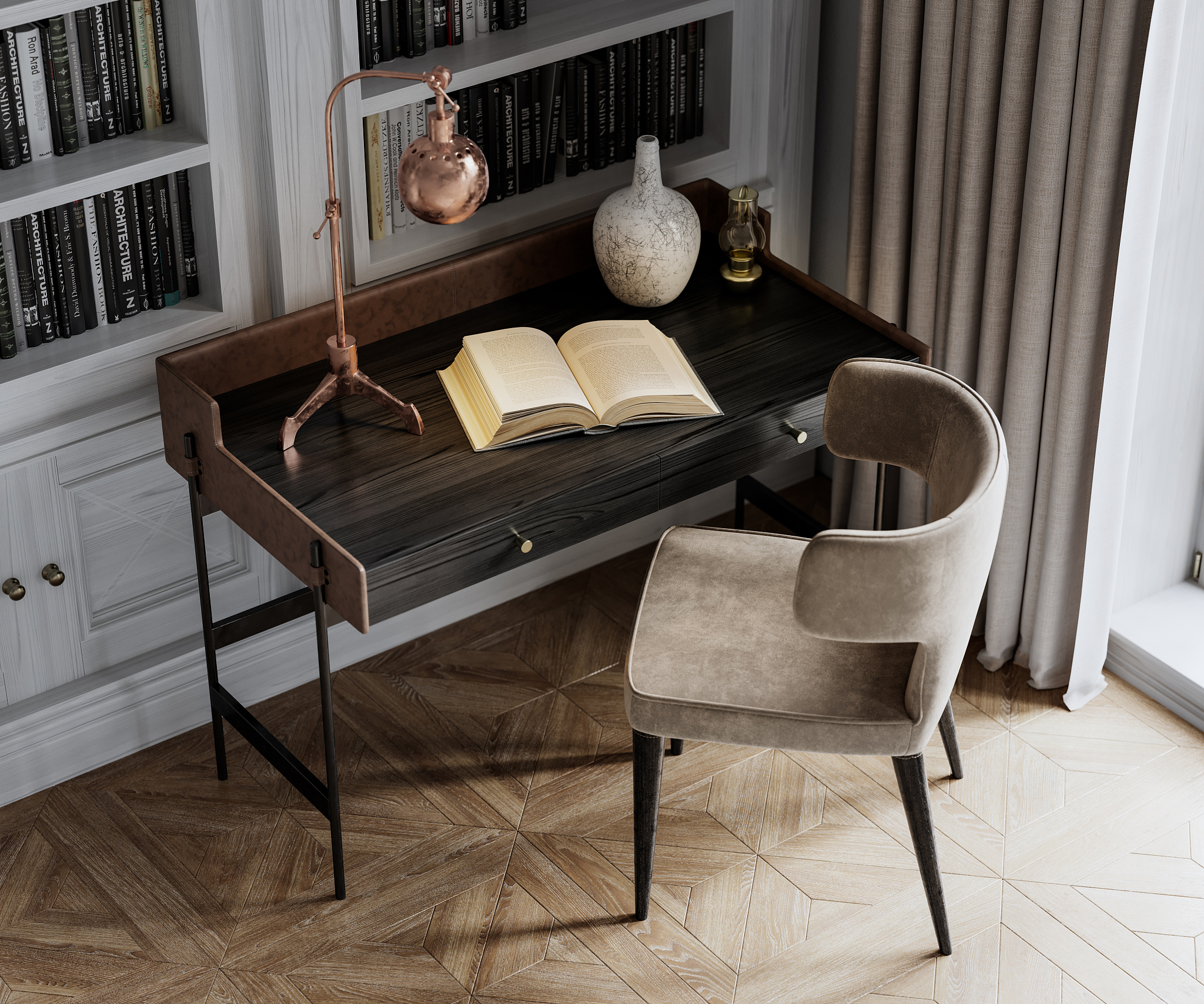 digital image close up of a chair and desk with an open book