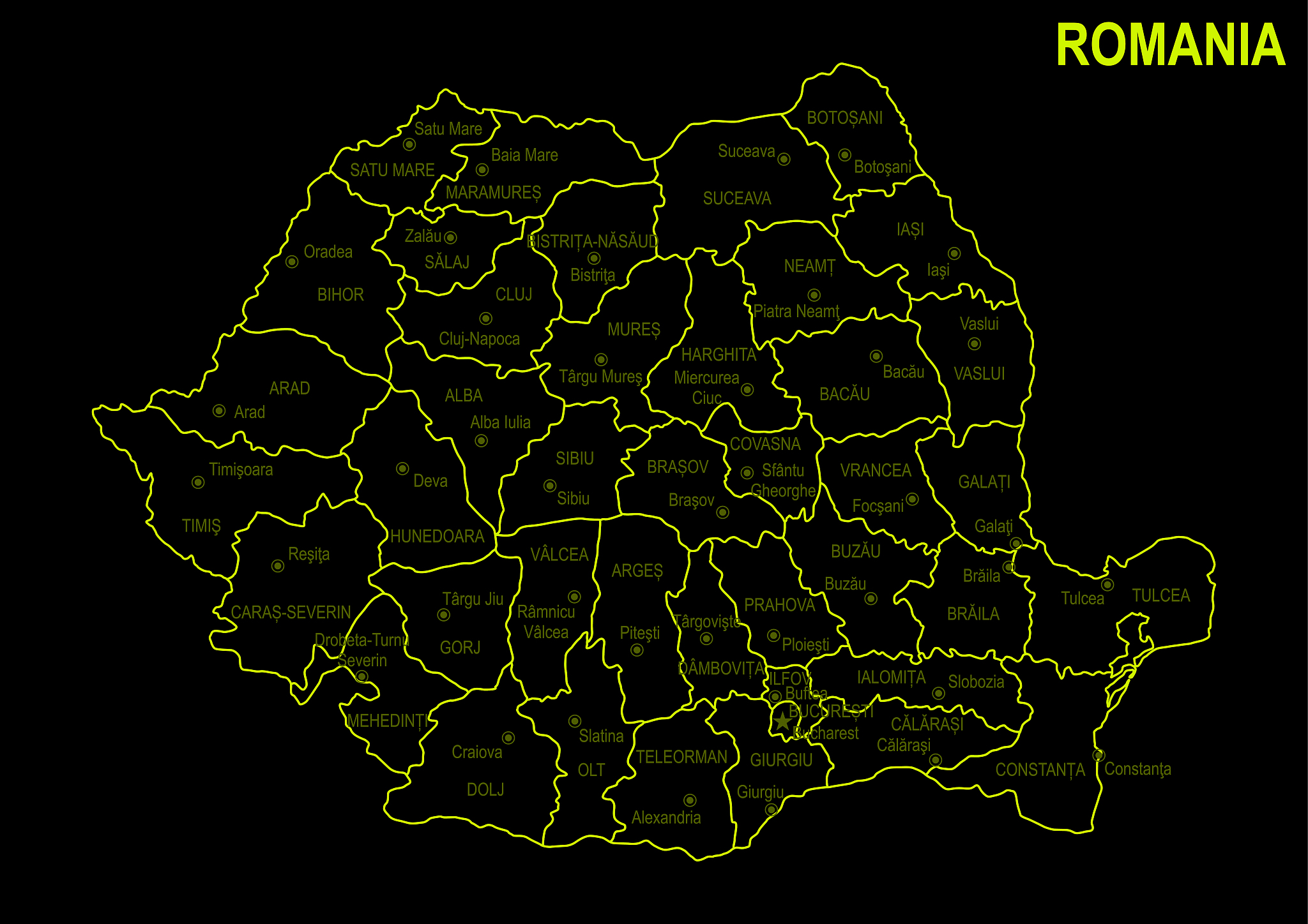 neon map of romania against black background