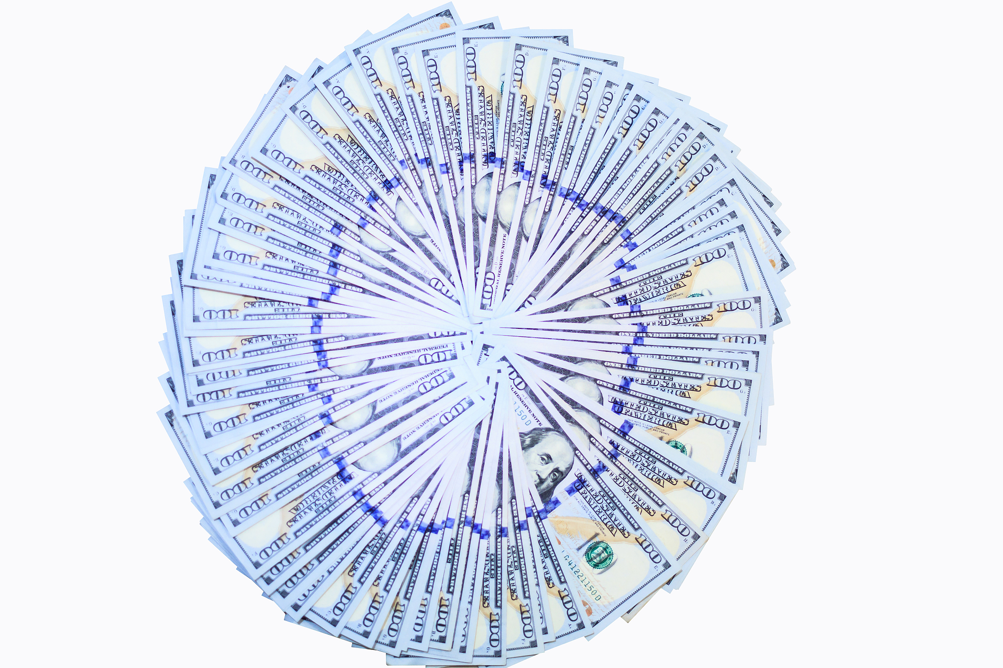 stacks of one hundred dollars notes fans in circle pattern, new 