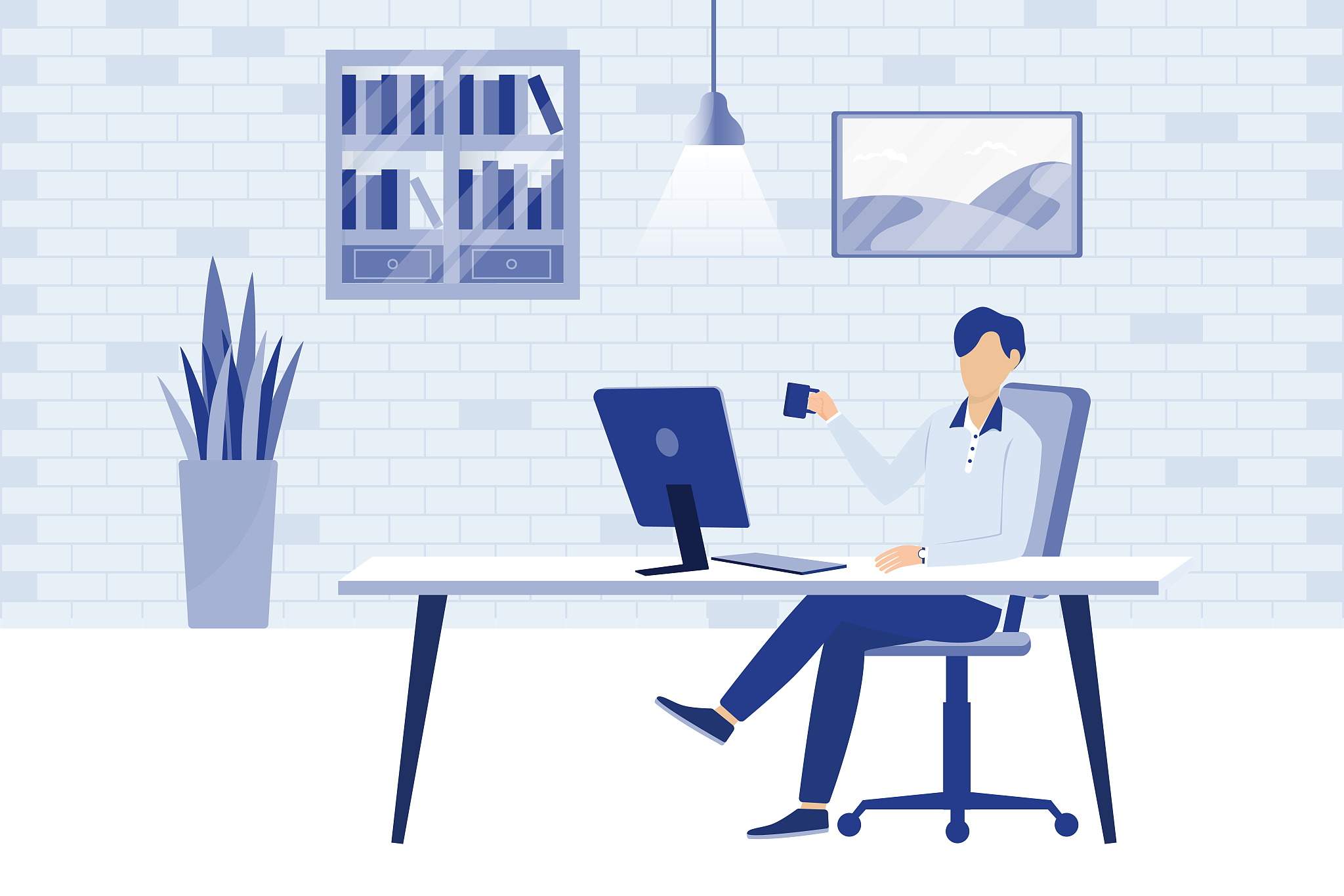 man sitting at table. he is working and drink coffee in workplac