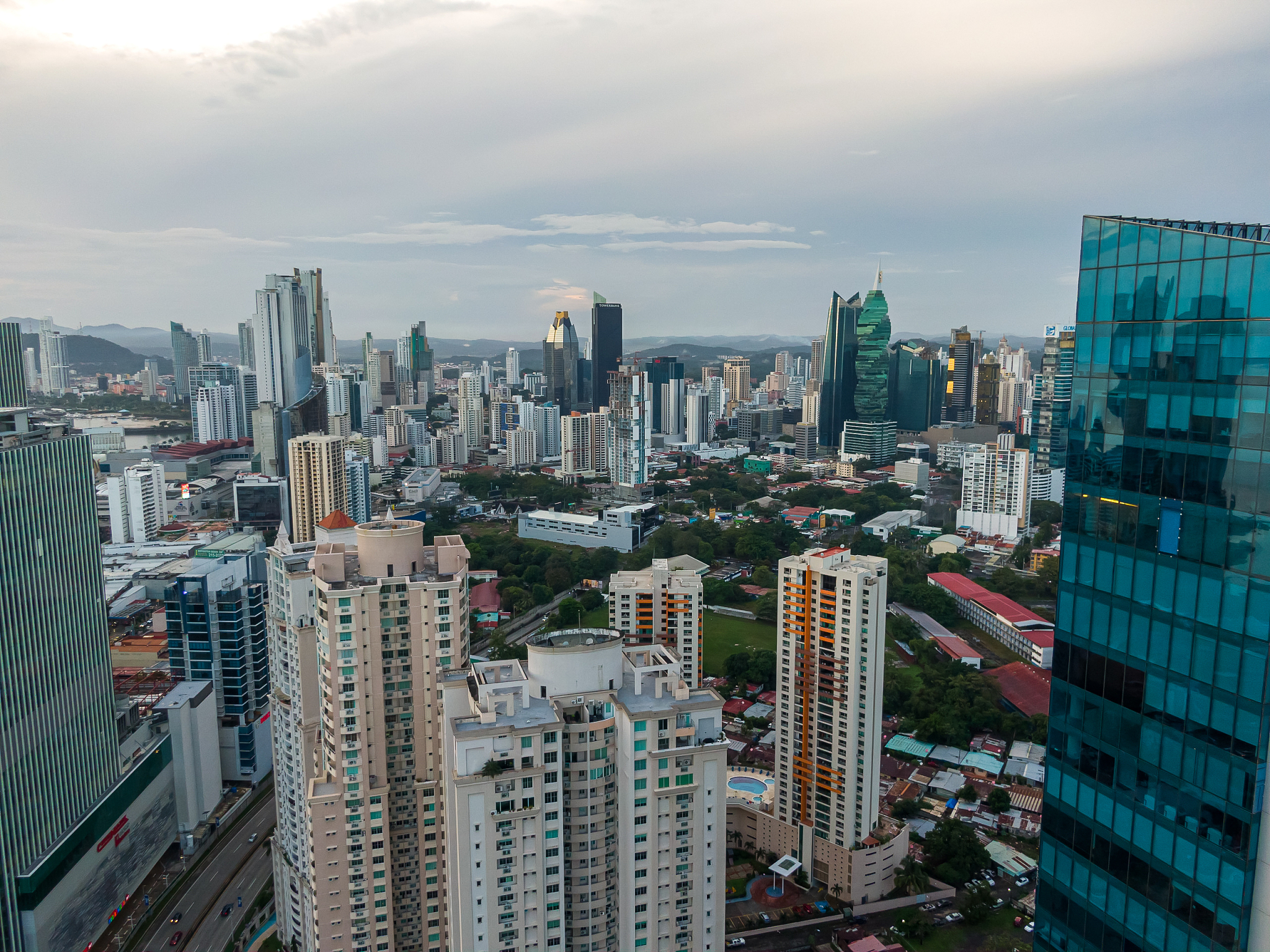 beautiful aerial view of the panama city buildings parks and mar