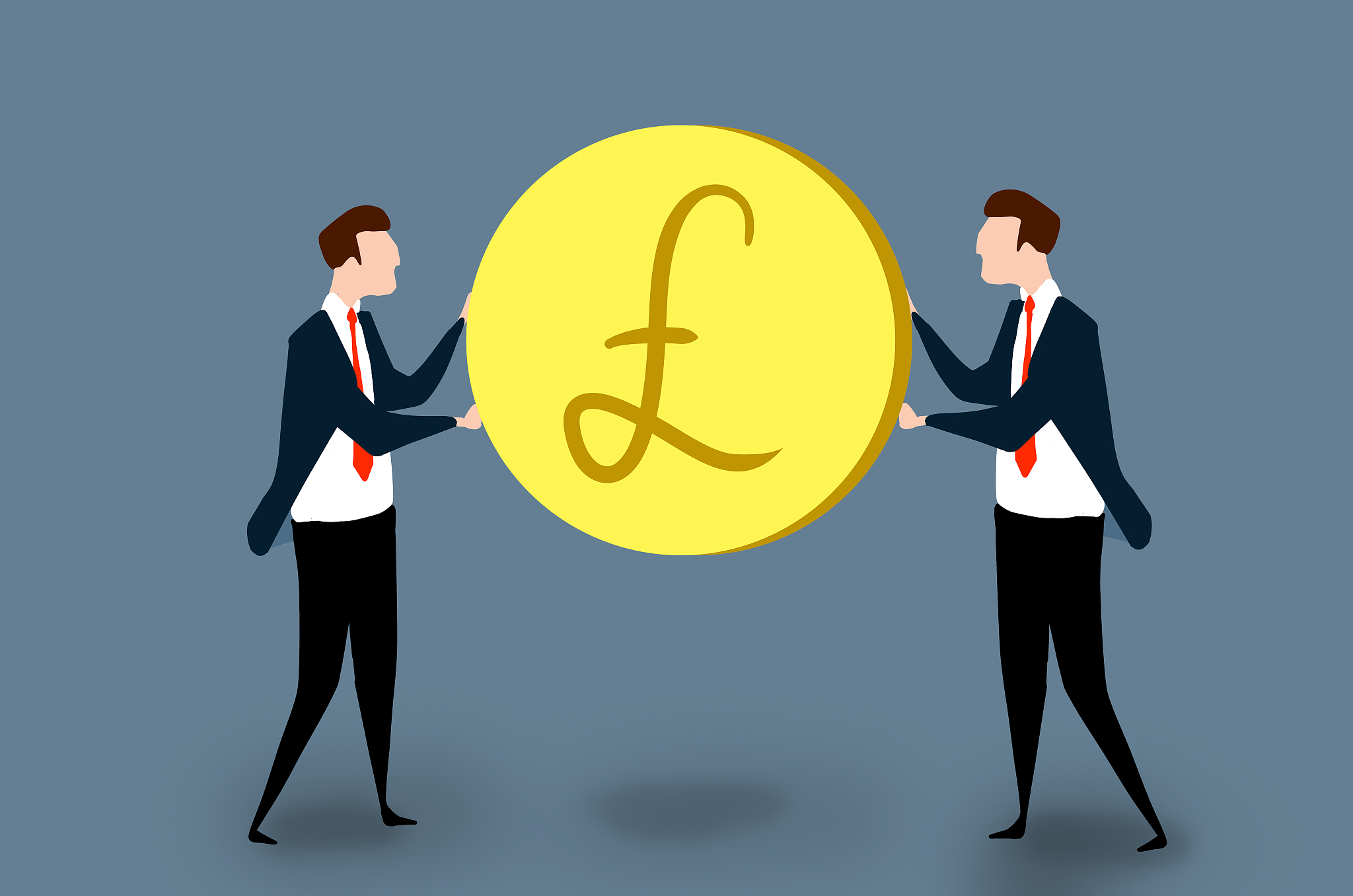 two men in a suit holding a pound coin