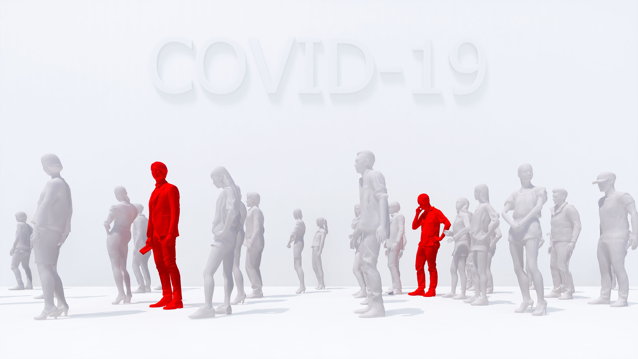 man with virus covid-19 among crowd of people 3d