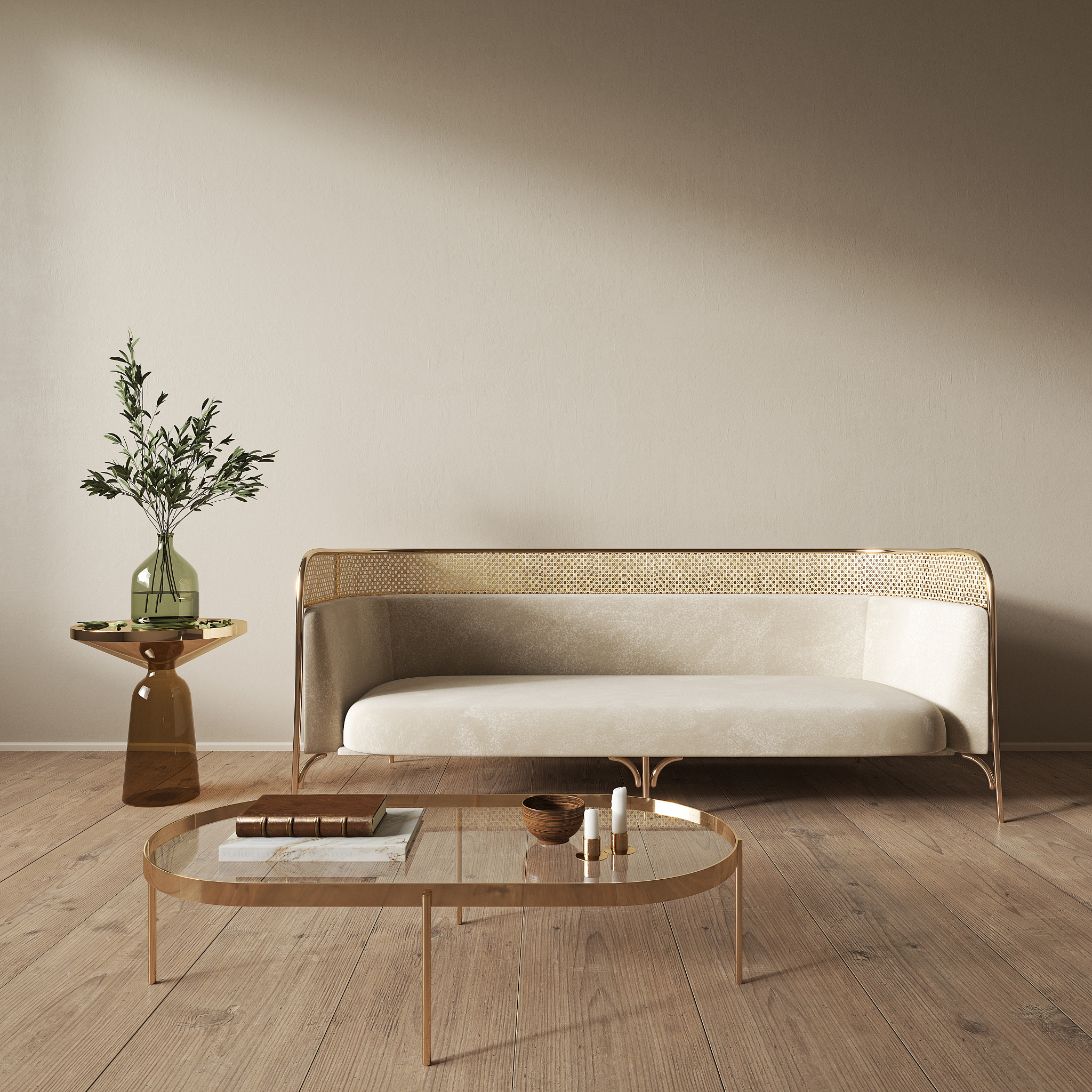 beige interior with blank wall, sofa and decor. 3d render illust