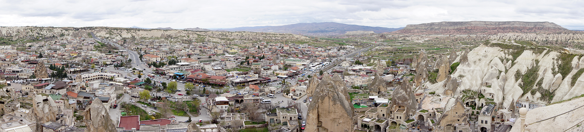 goreme town with beautiful landscape of fairy chimney from view 