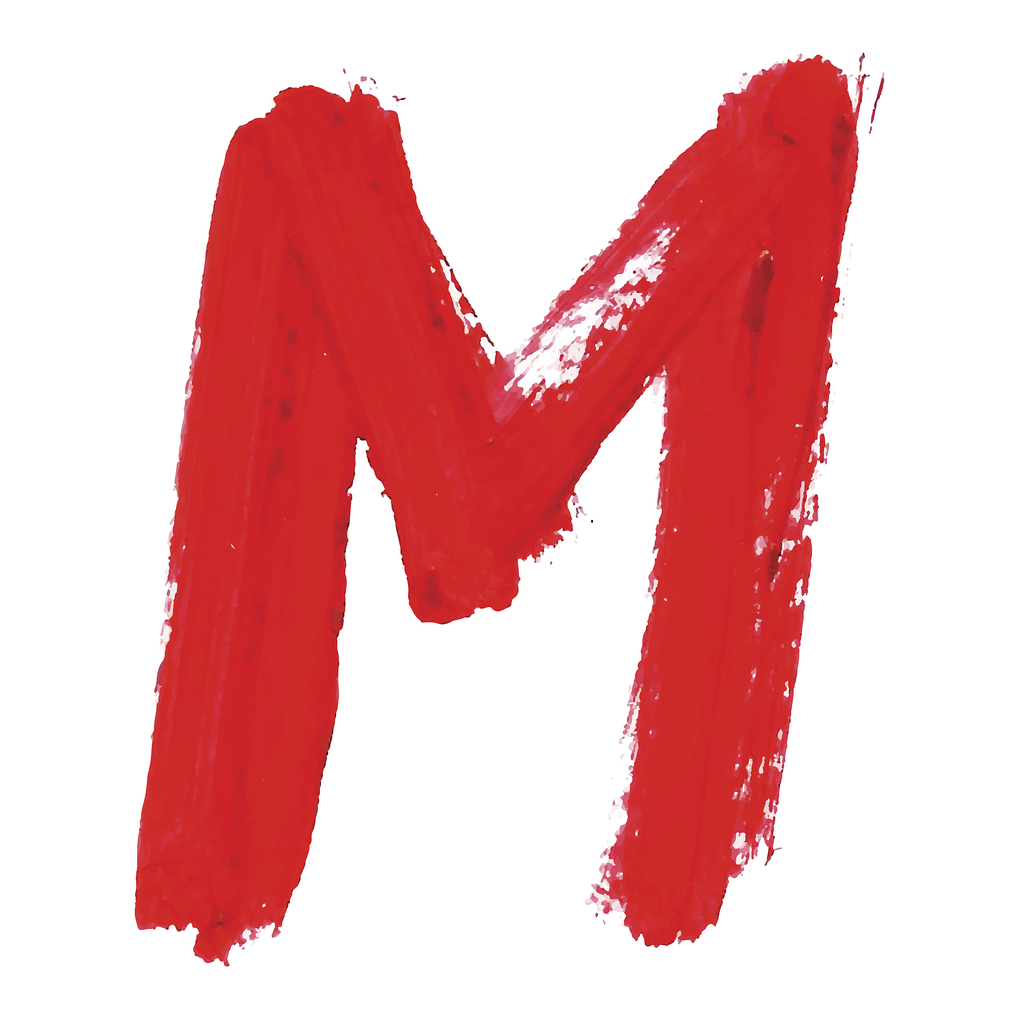 m - red handwritten letters on white background. acrylic colors.