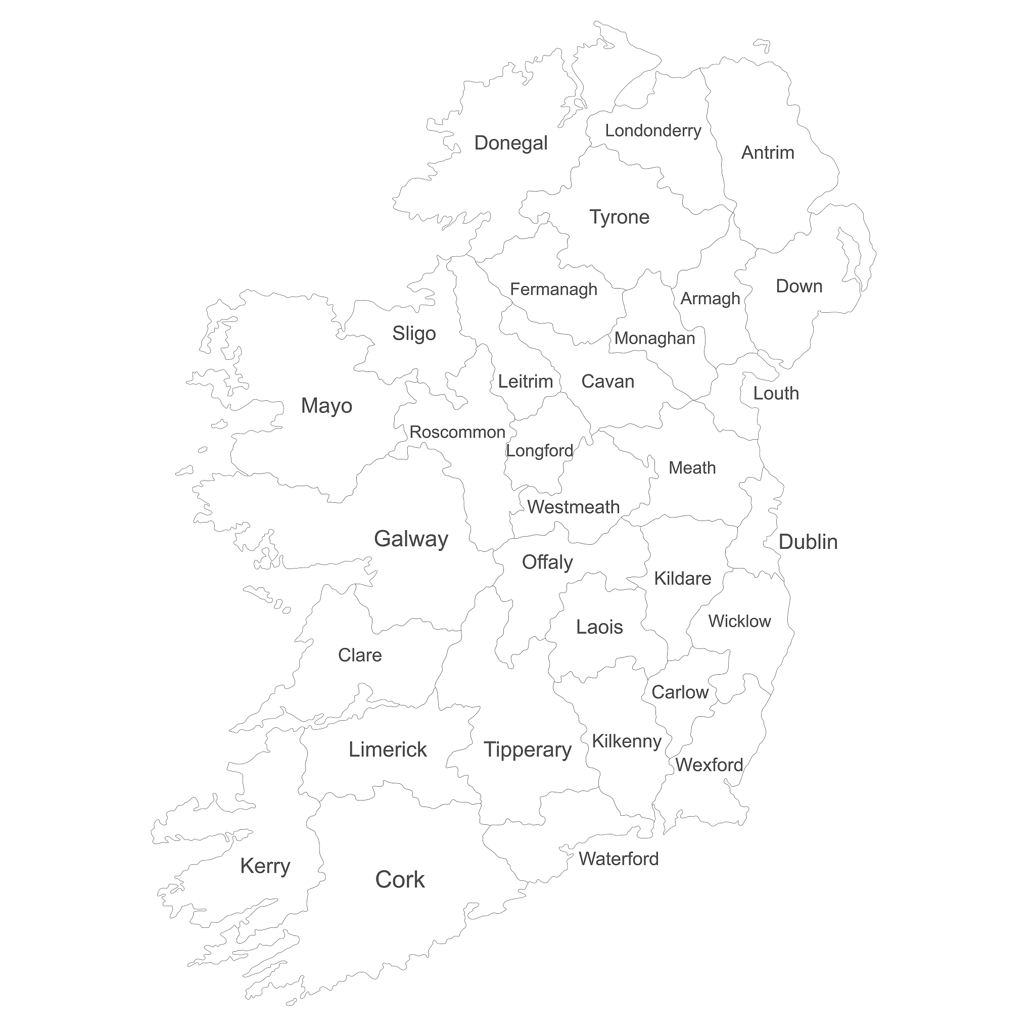 ireland map with name labels. white background.