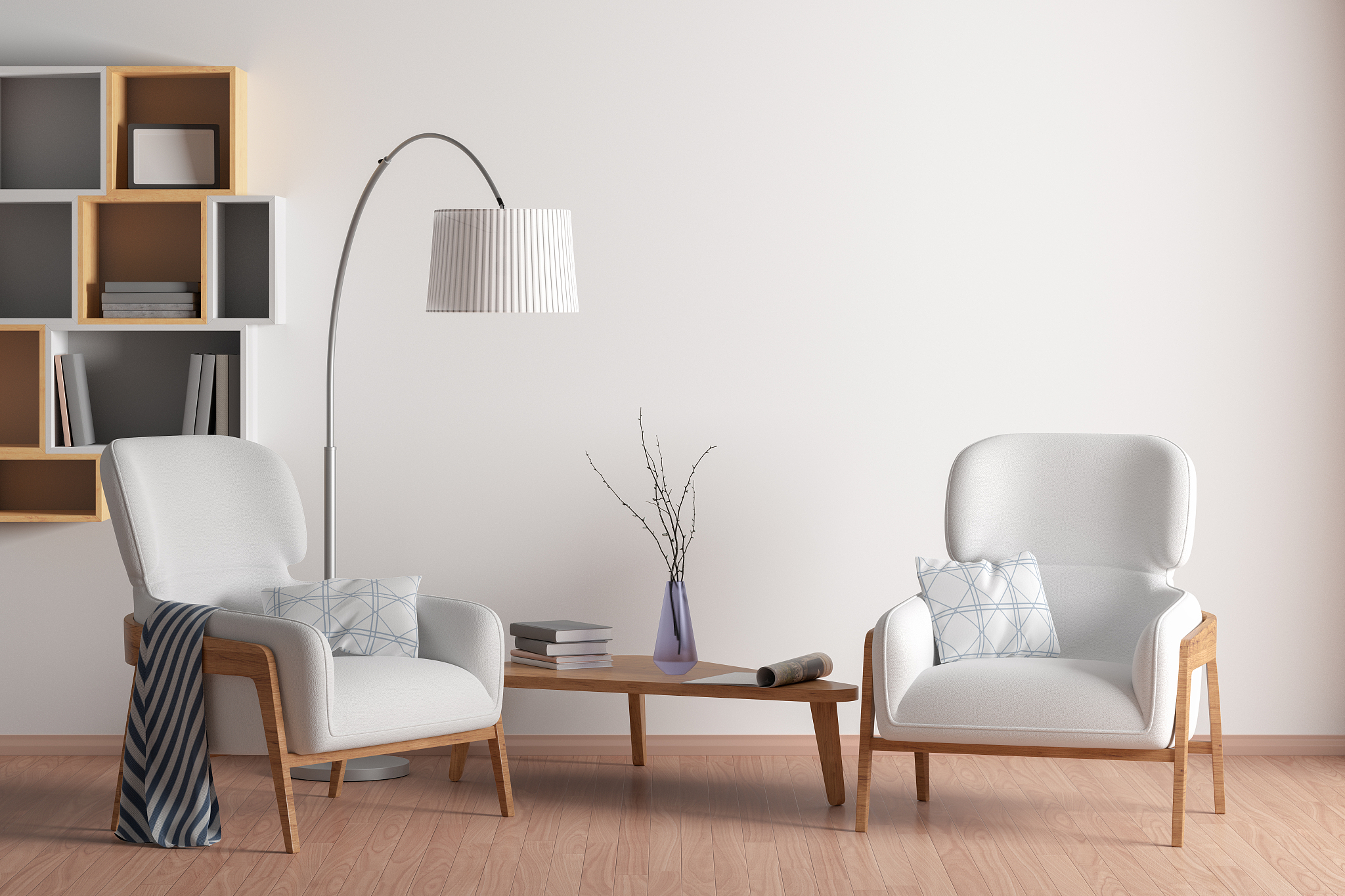 interior of living room with armchair, coffee table, floor lamp