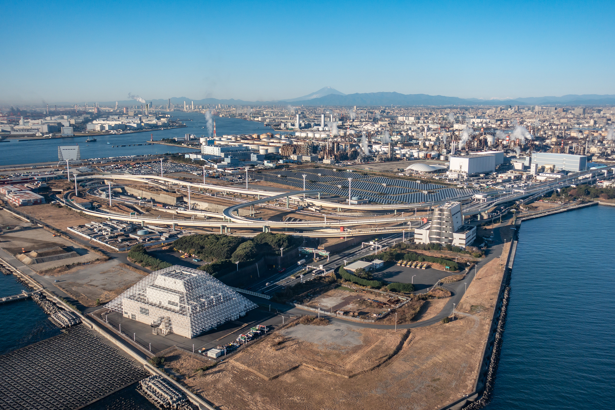 mt. fuji and kawasaki city in kanagawa prefecture of japan aeria