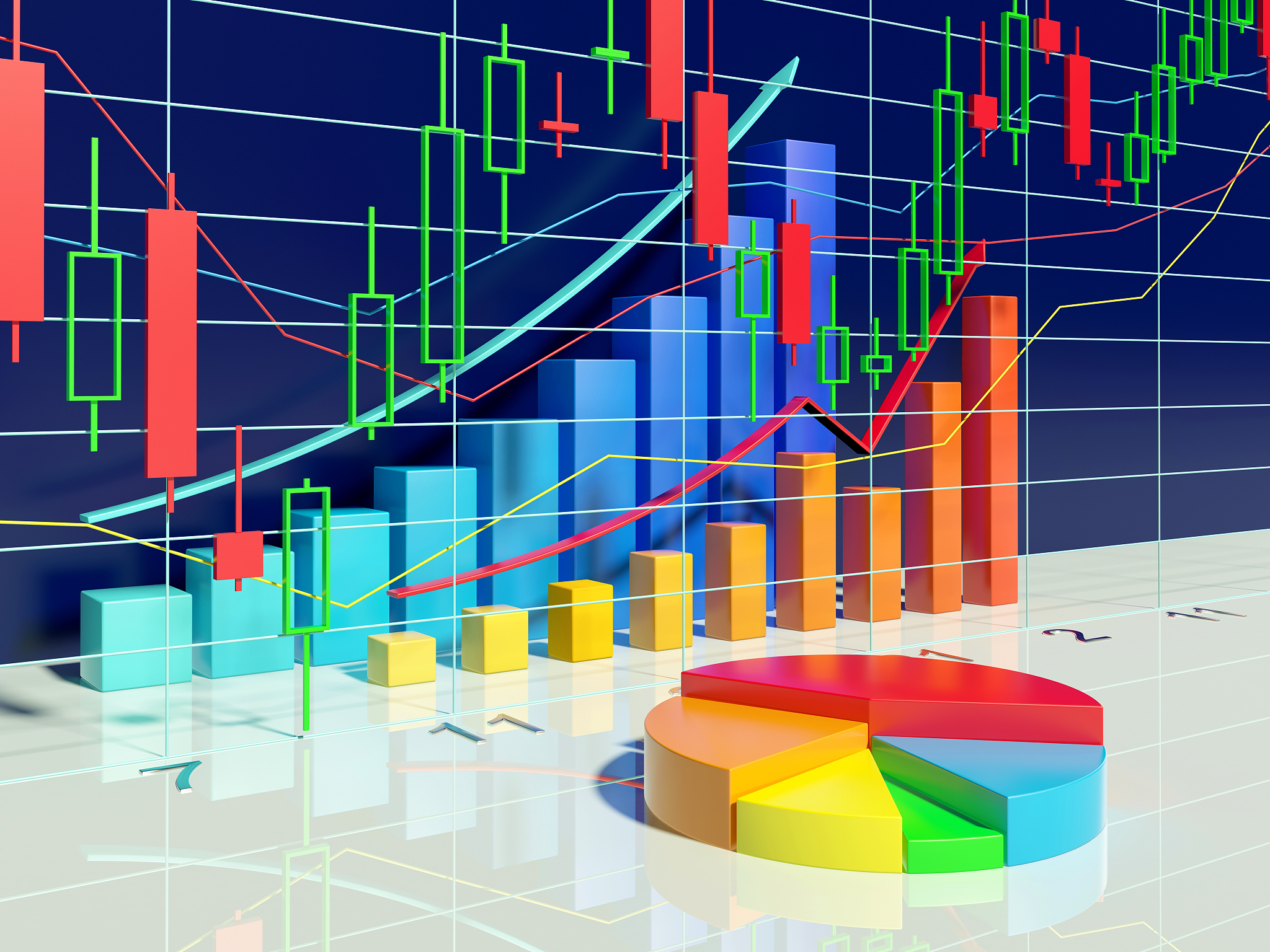 growing bar graphs and pie chart with stock diagram