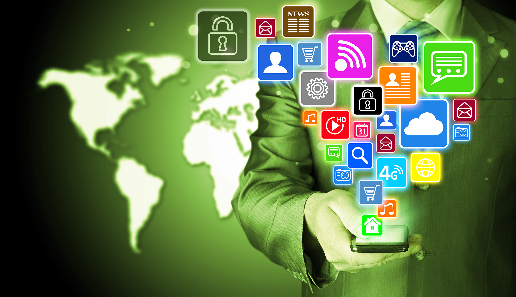 business man using smart phone with social media icon set