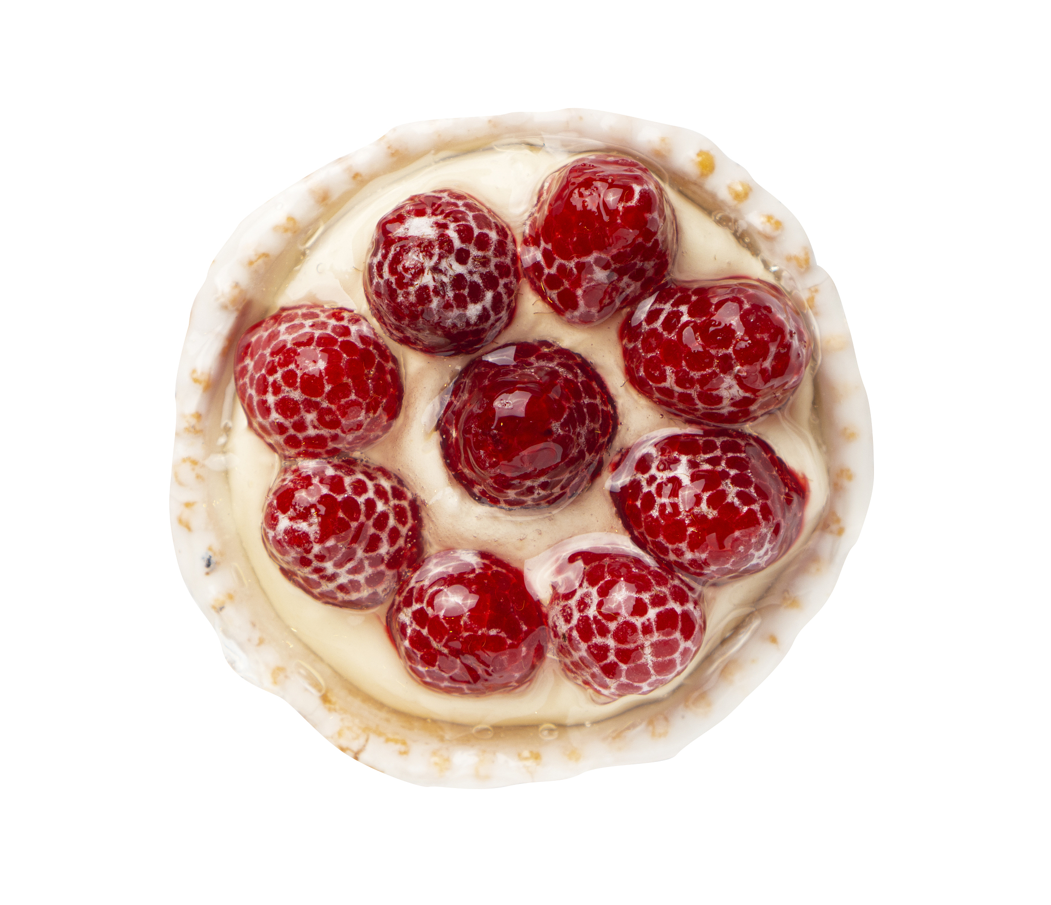 tasty tartlet cake with raspberries and cream isolated on white.