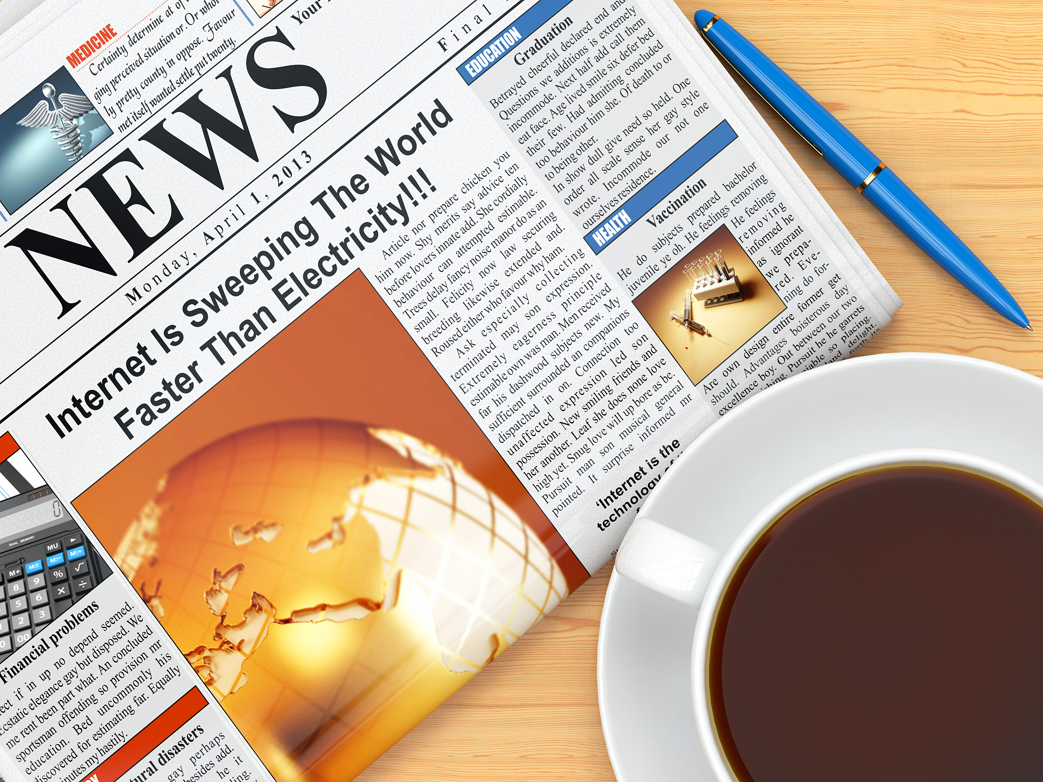 coffee cup,  newspaper and pen on table