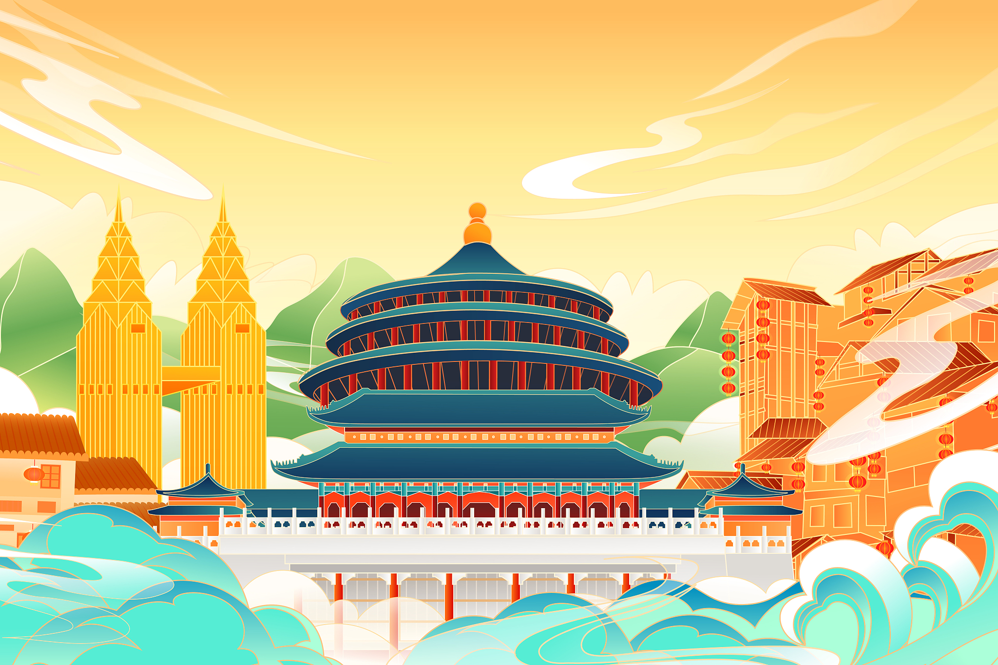 绘画作品 亚运吉祥物 鼓楼 港口大桥 玉米楼 写一个介绍