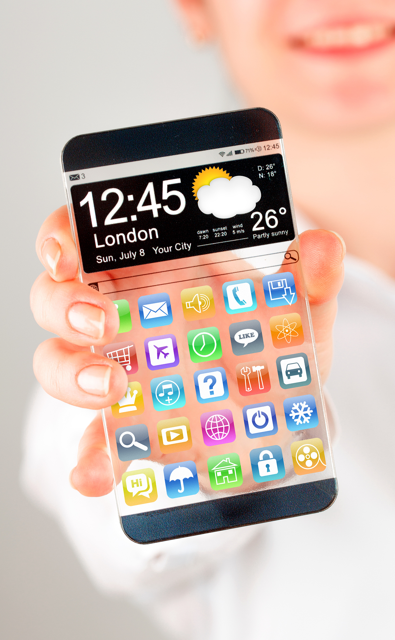 smartphone with transparent screen in human hands.