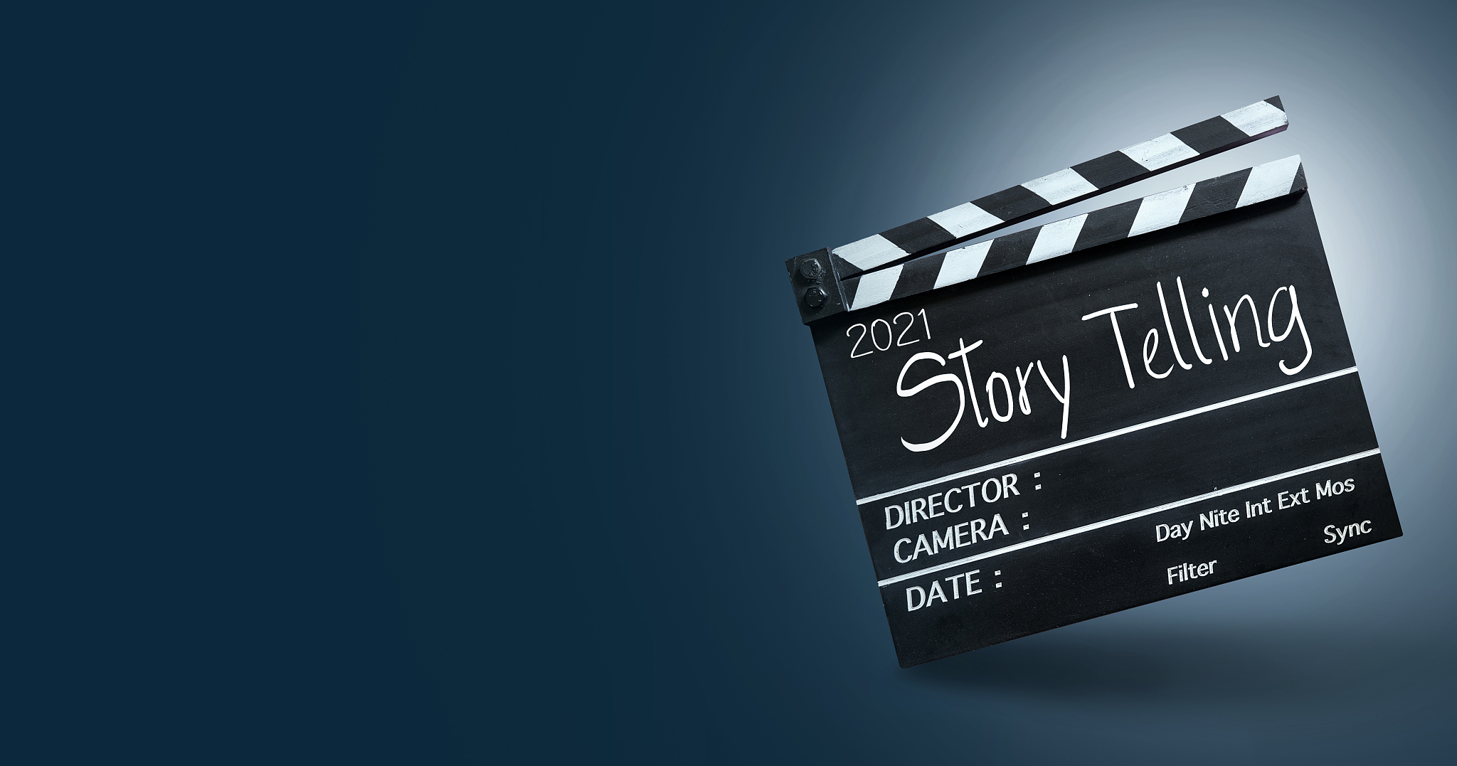 2021 story telling.text title on film slate.