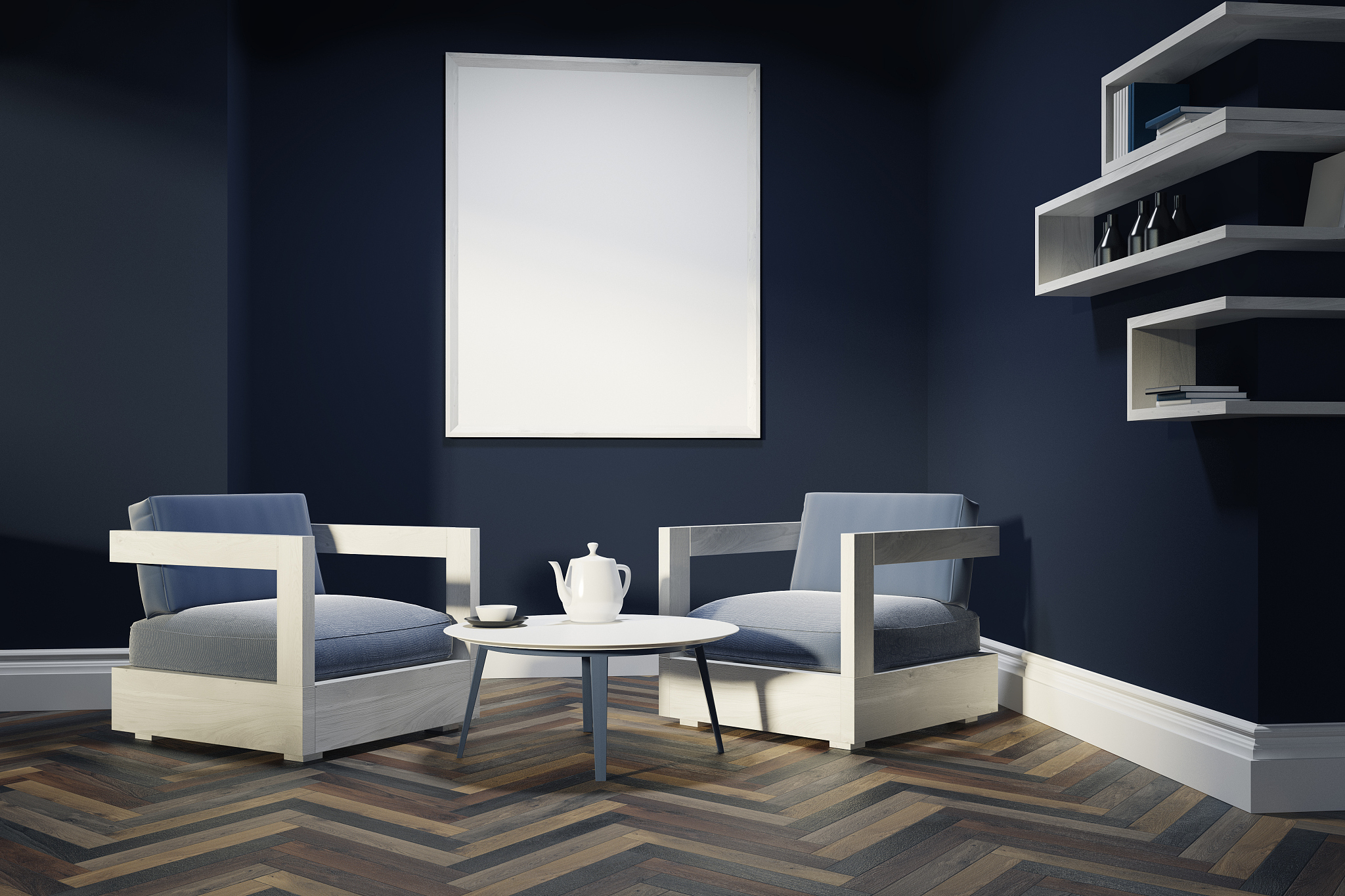dark blue living room, armchairs, poster