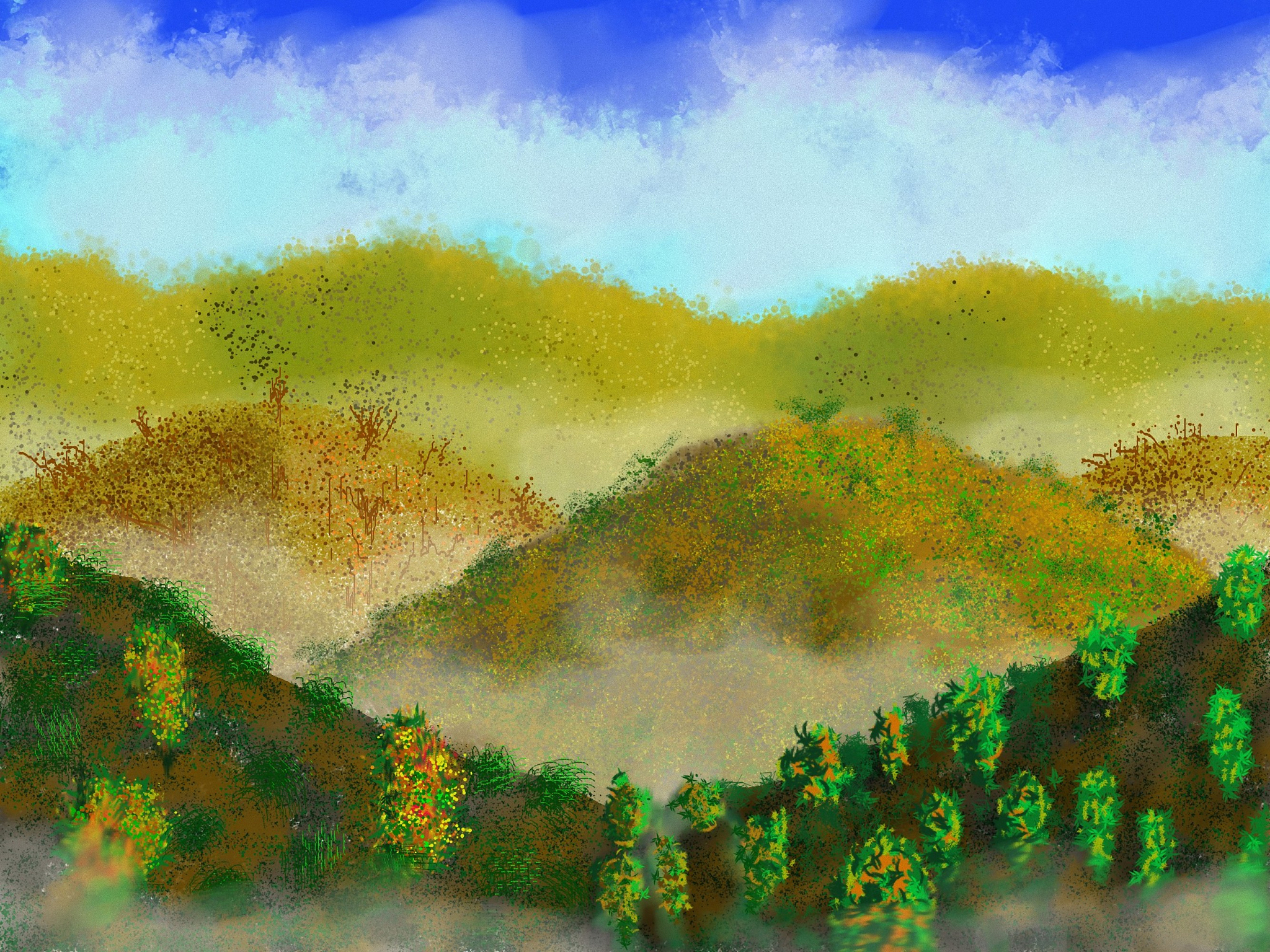 In heavy-color landscape painting black and white are not only referred to black and white colors but also include the extremely deep and extremely shallow colors in the overall picture forming a mutu