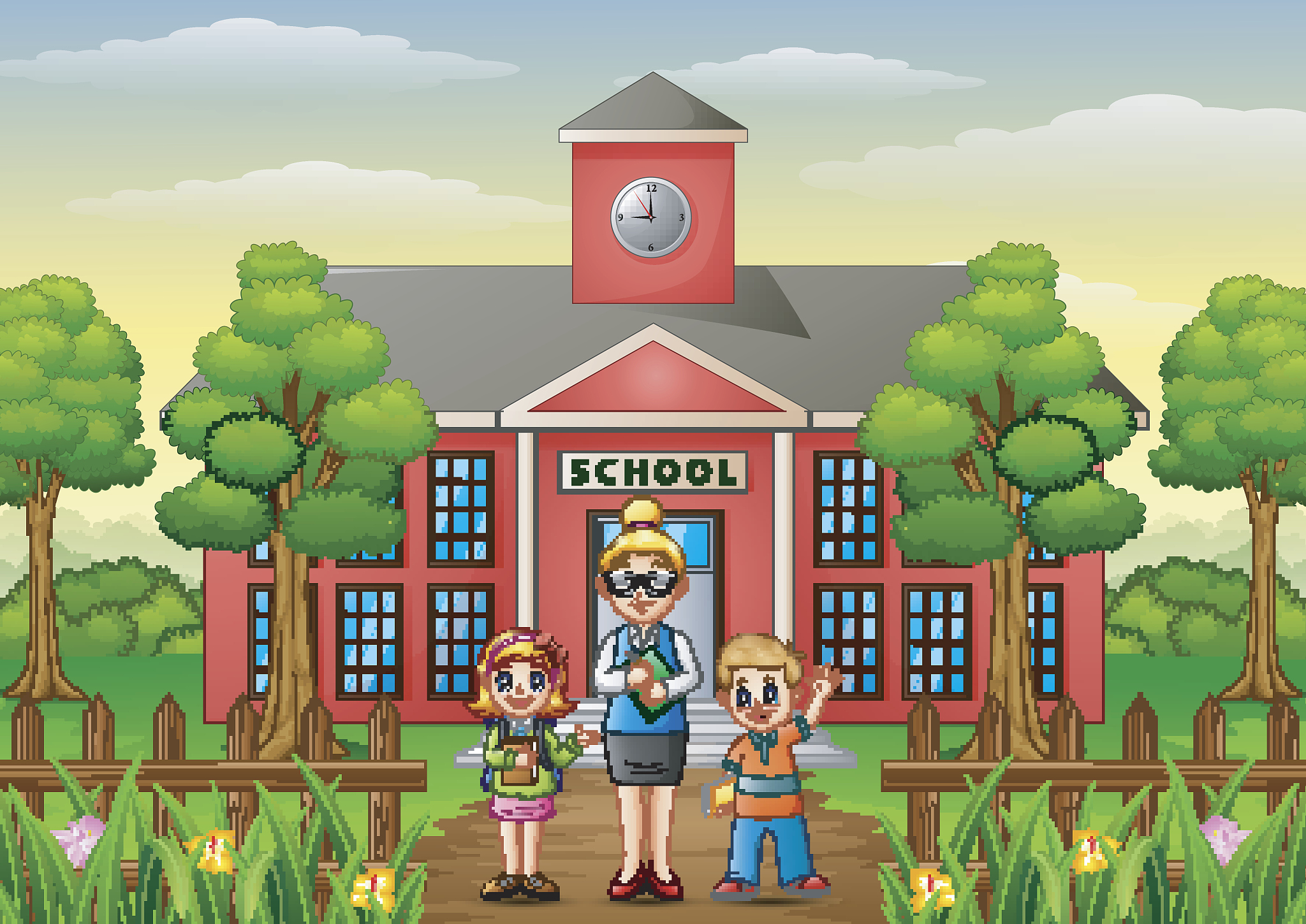 a students and teacher in front of school building