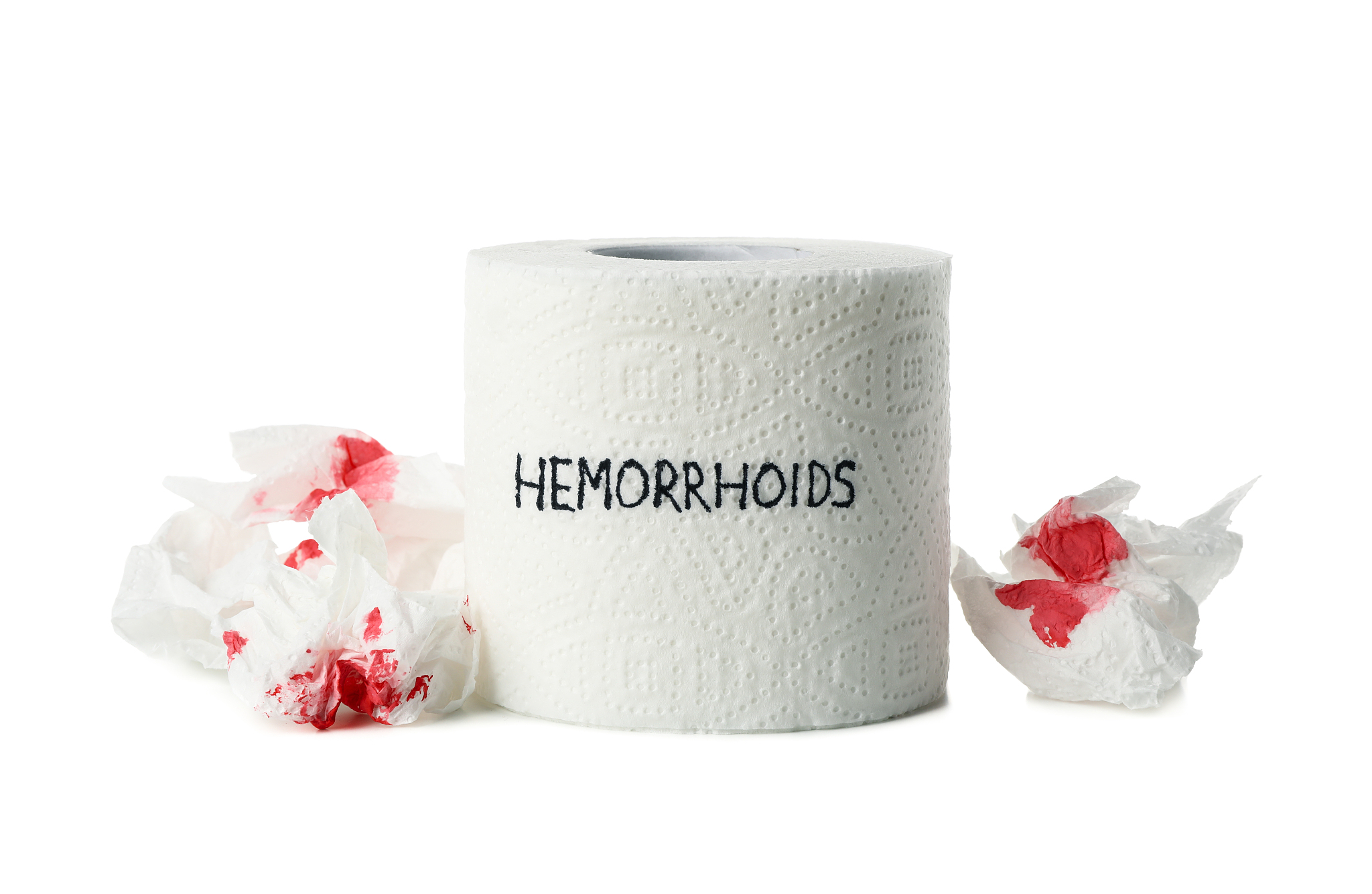 toilet paper with hemorrhoids and paper with blood isolated on w