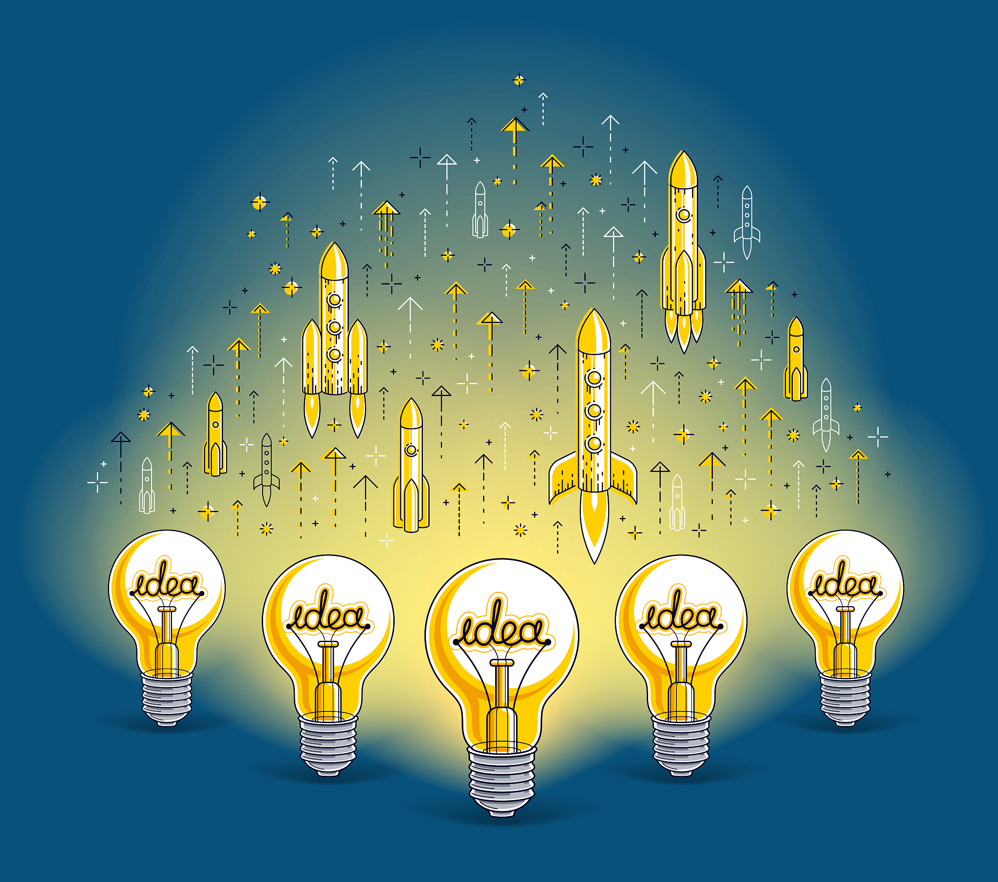 group of shining light bulbs and set of launching rockets, start