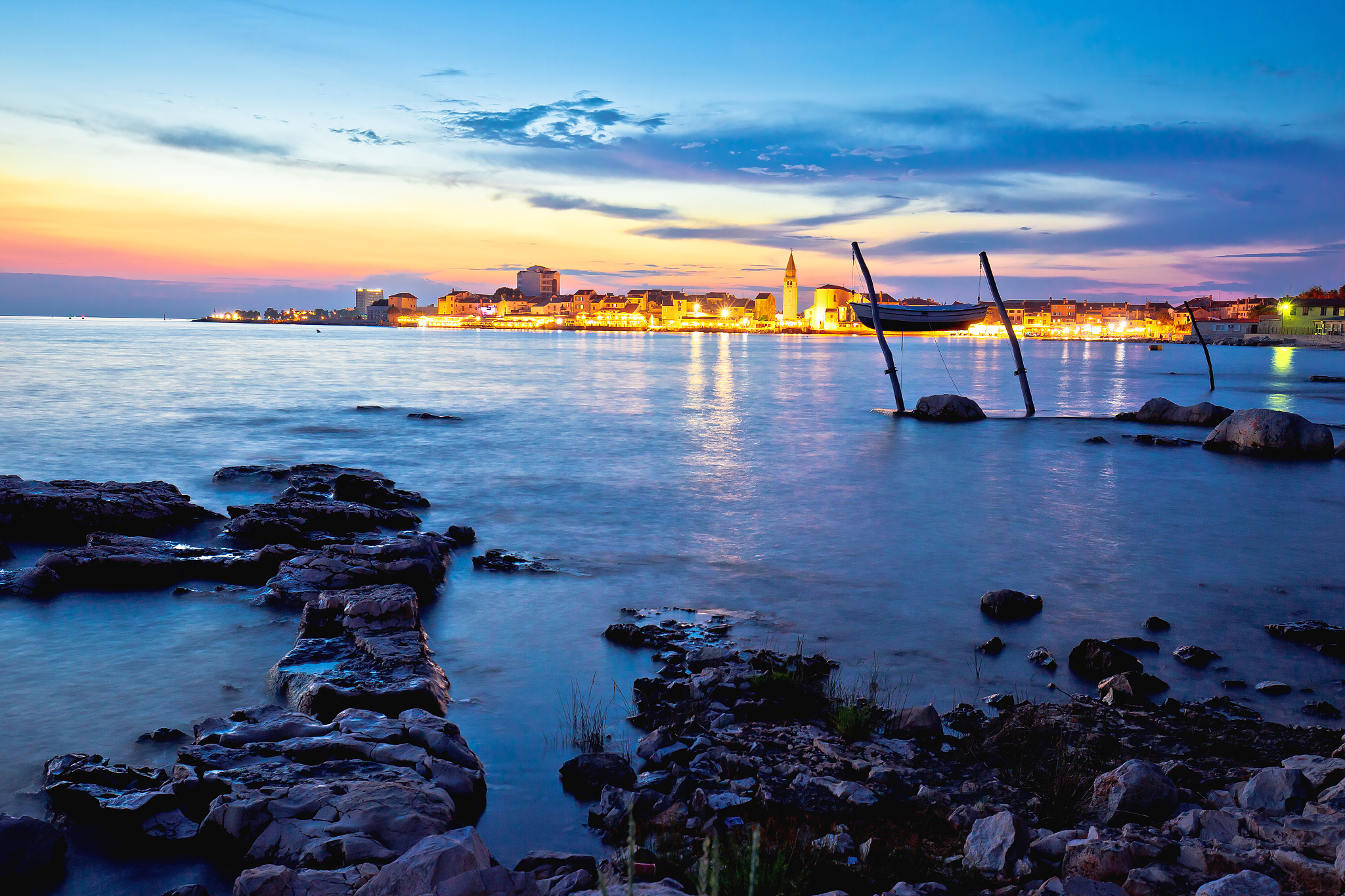 town of umag waterfront and coast evening view