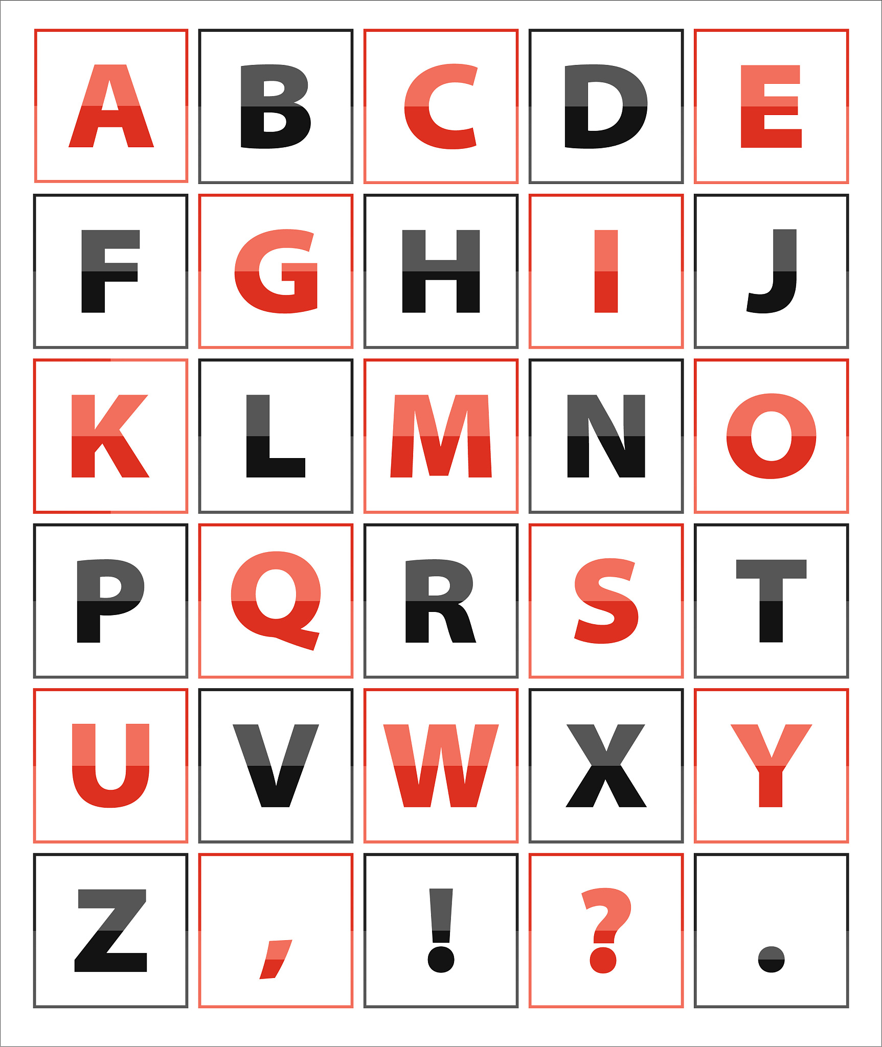 the letter alphabet,  each letter is in the frame
