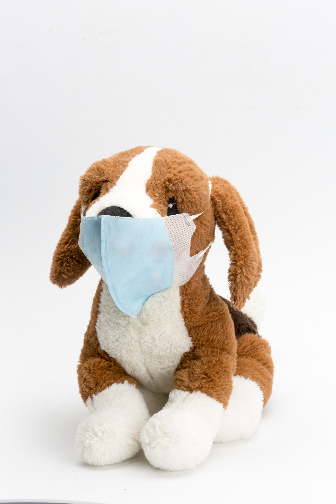 cute toy dog wearing a protective medical mask for children isol