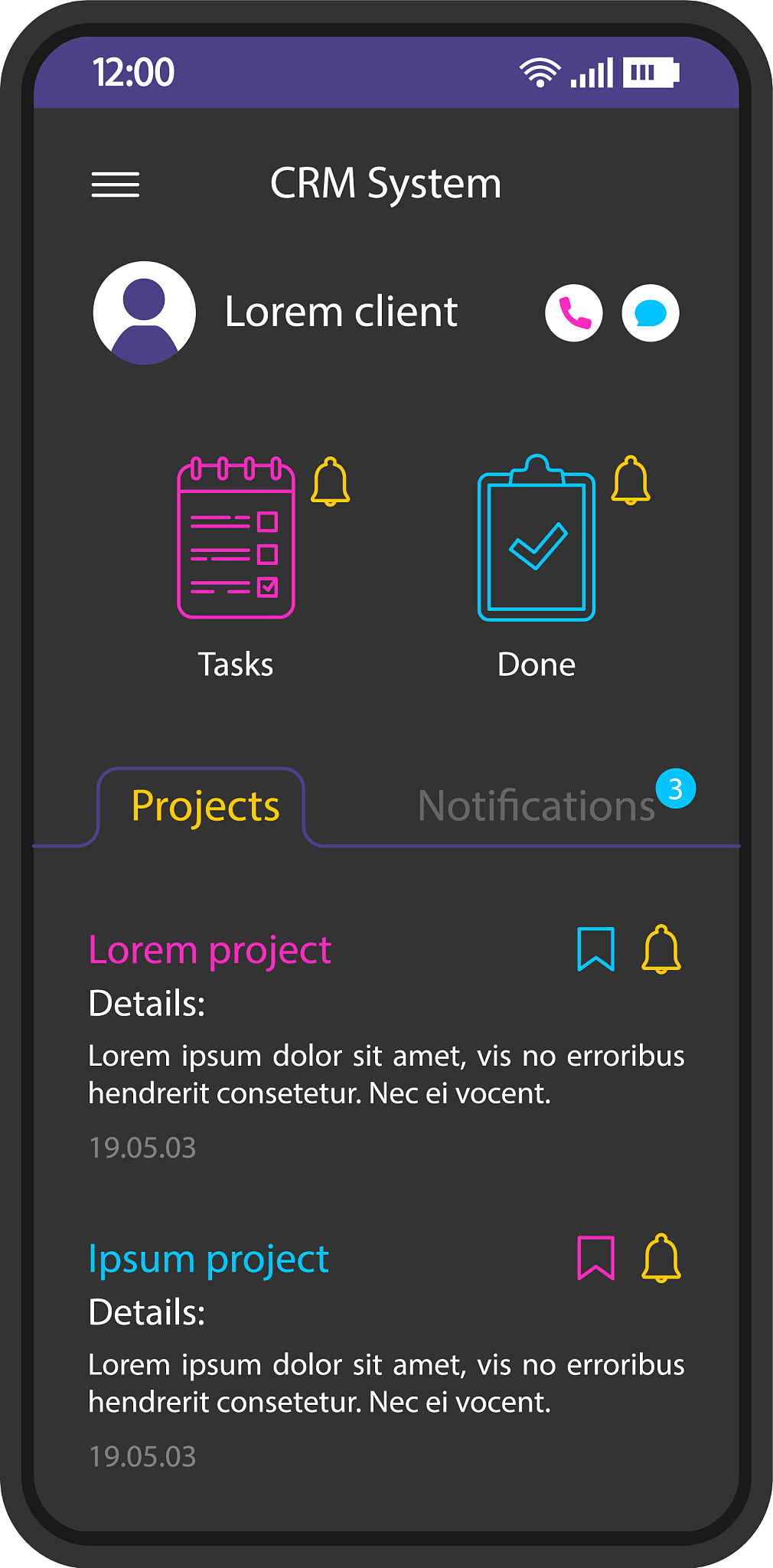 crm system smartphone interface template