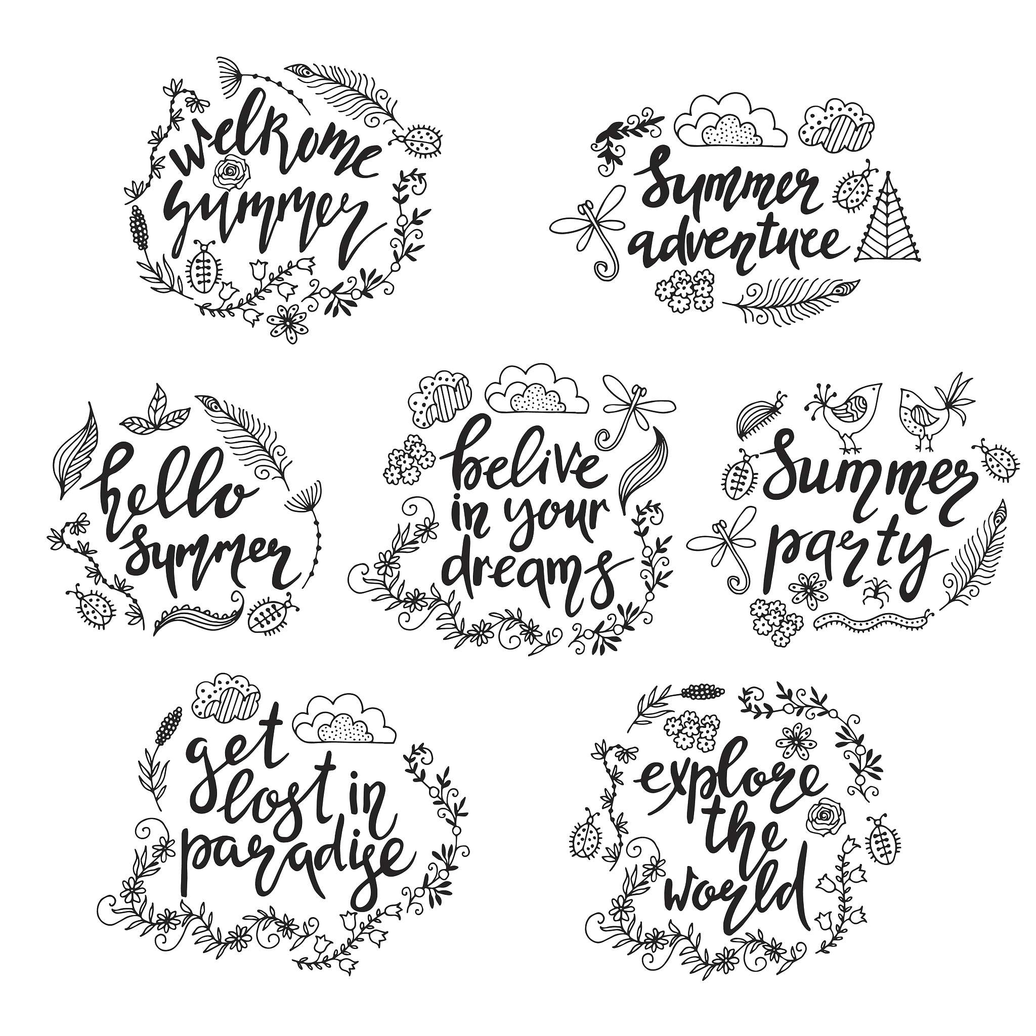 set of hand drawn summer themed phrases.