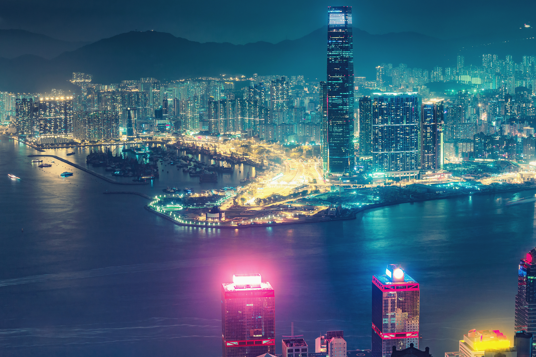 scenic view on hong kong island, china, by night.