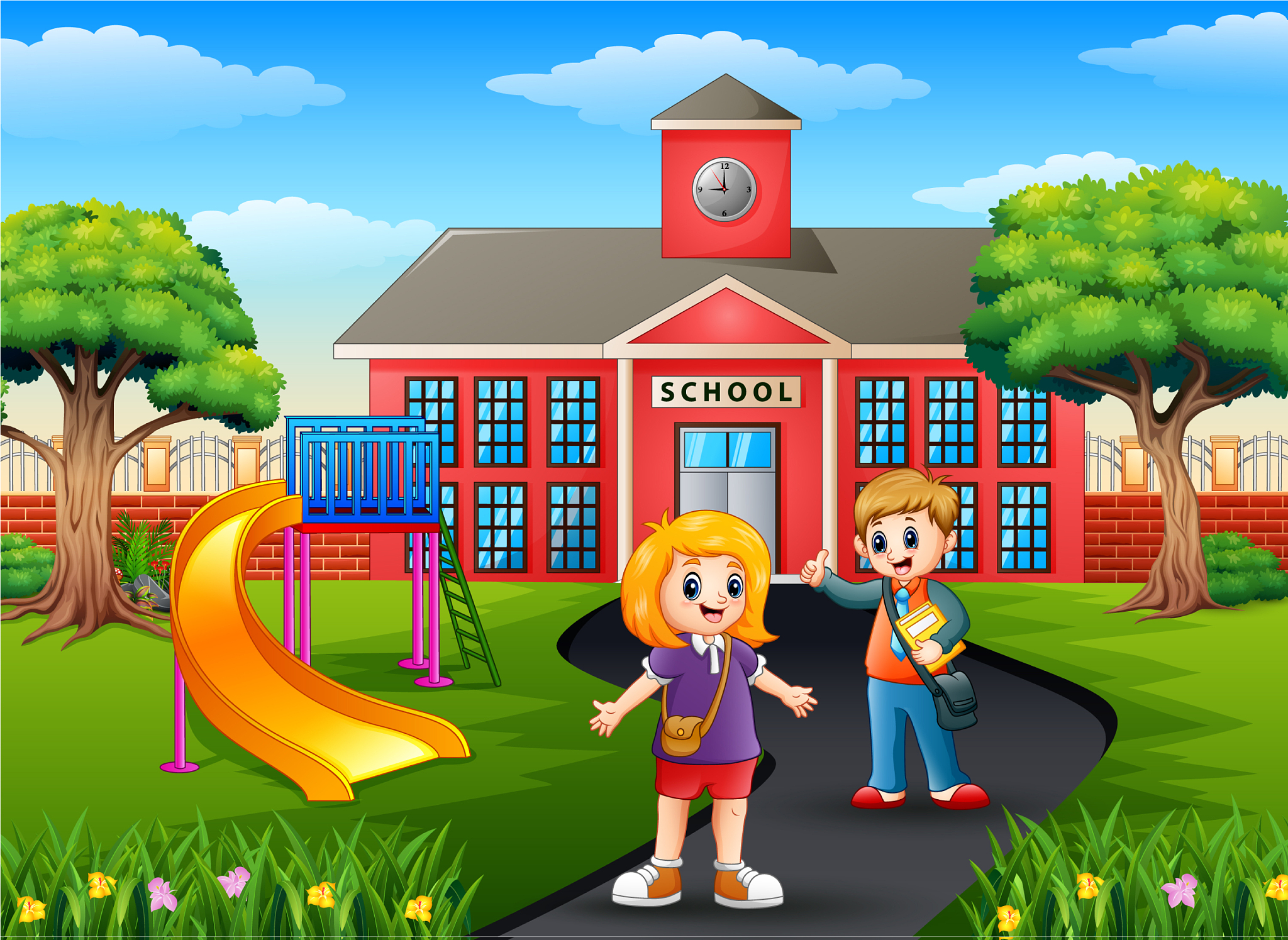school boy and girl with backpacks in front sch