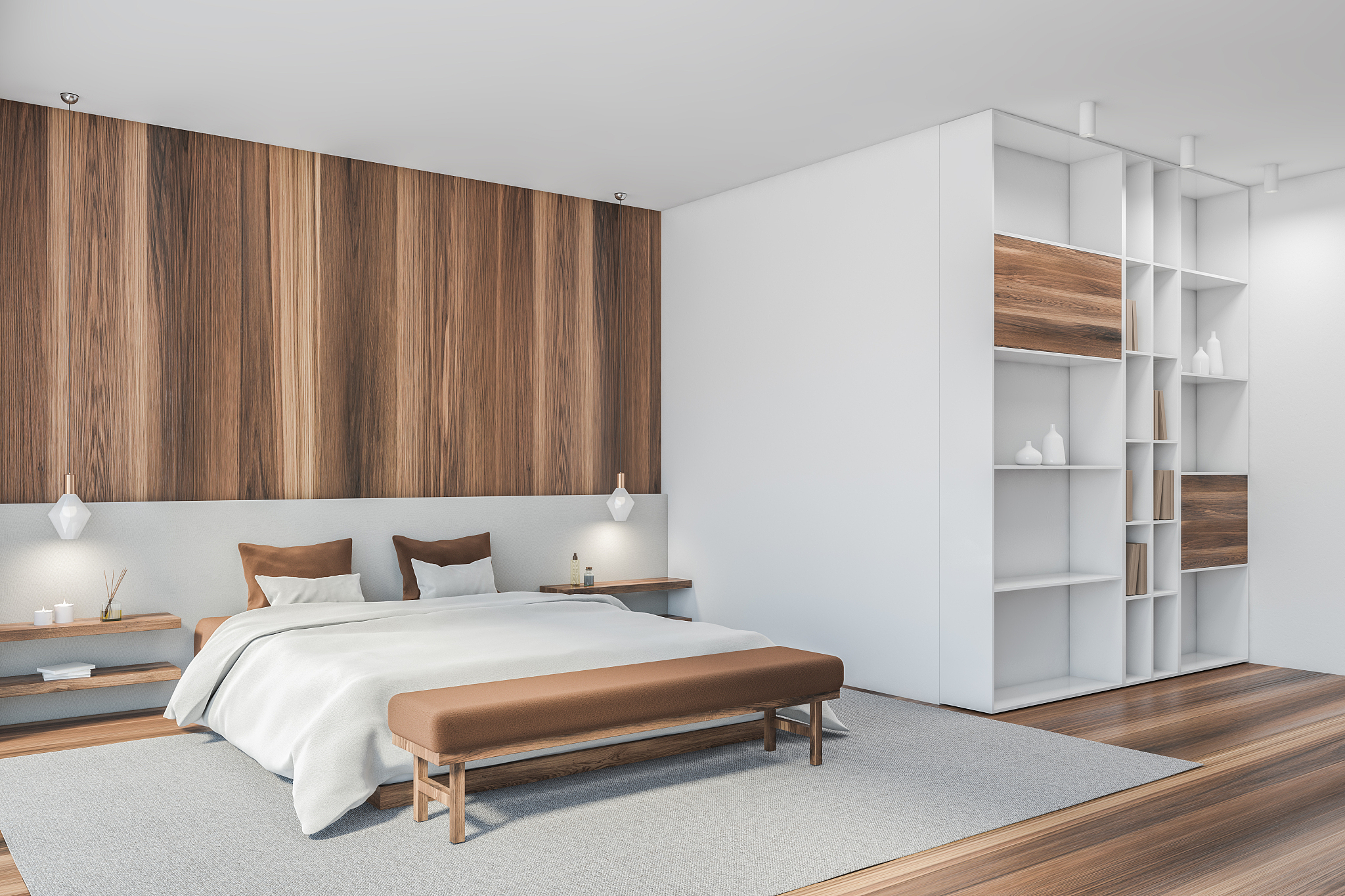 wooden and white bedroom with bed with linens, carpet and big wa